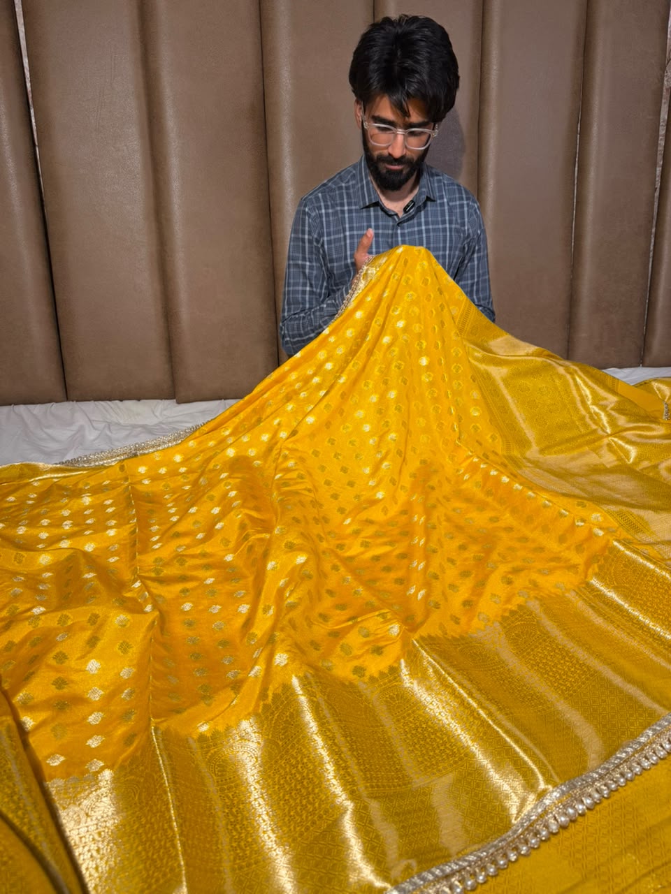 Bright Yellow Chinia Silk Lace Work Saree