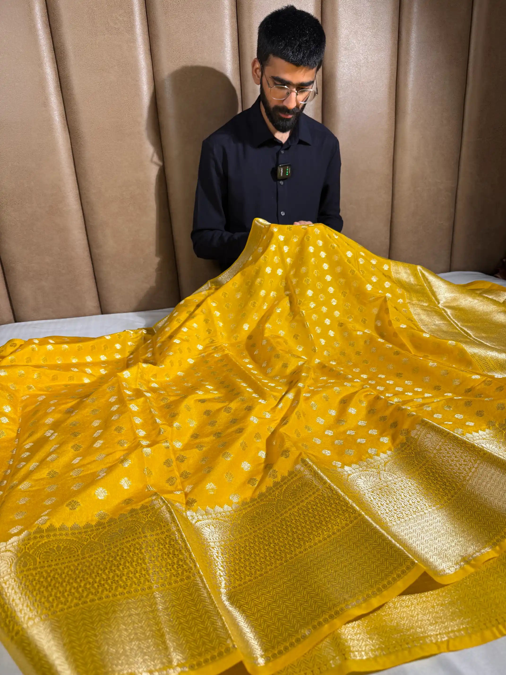 Bright Yellow Chiniya Silk Khaddi Buti Weave Banarasi Saree