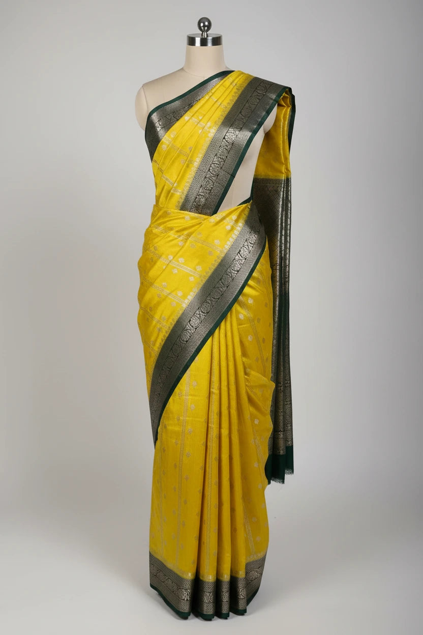 Bright Yellow Contrast Chinia Silk Traditional Banarasi Saree