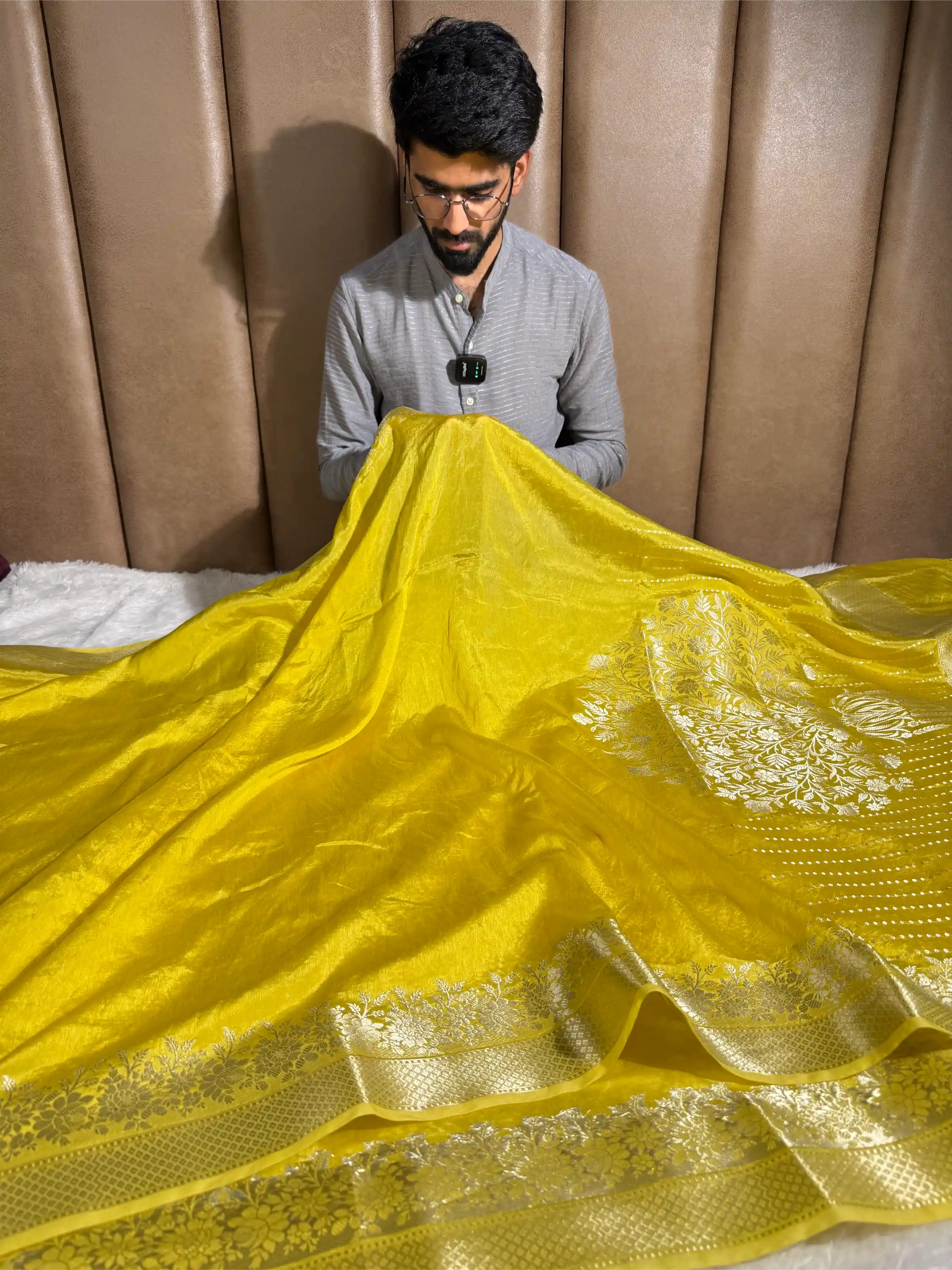 Bright Yellow Crepe Chinia Silk Banarasi Saree