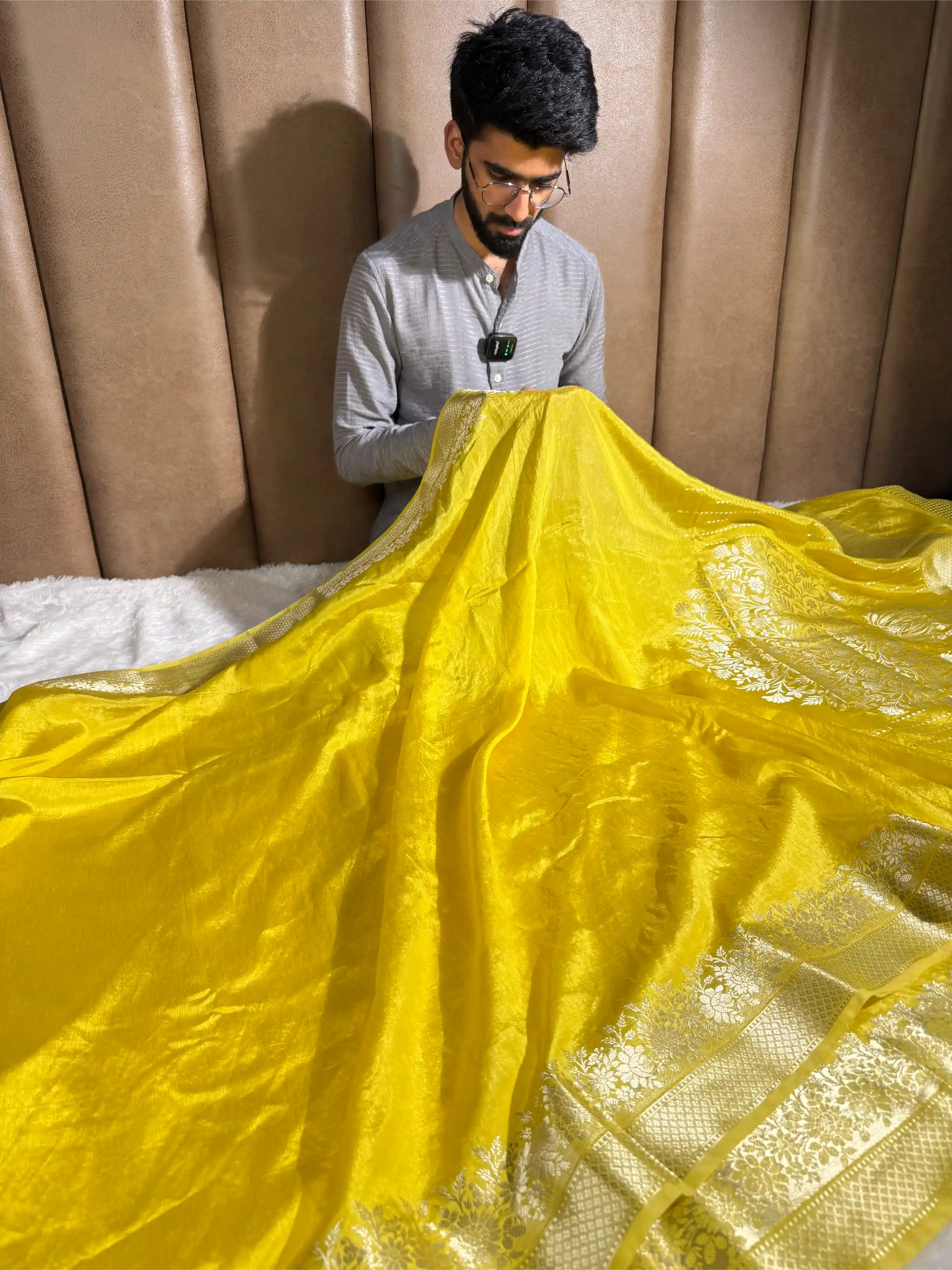 Bright Yellow Crepe Chinia Silk Banarasi Saree