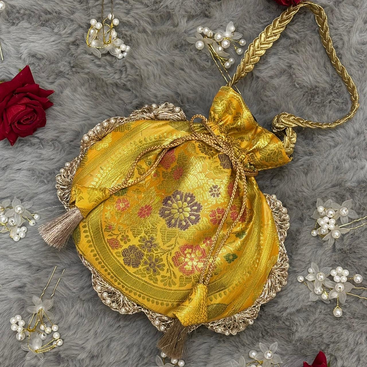 Bright Yellow Eccentric Lace Work Banarasi Potli Bags