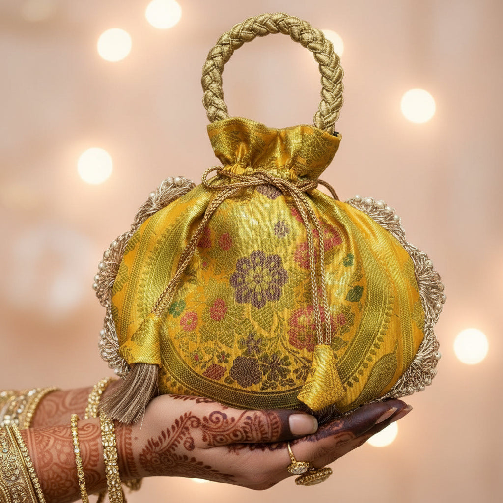 Bright Yellow Eccentric Lace Work Banarasi Potli Bags