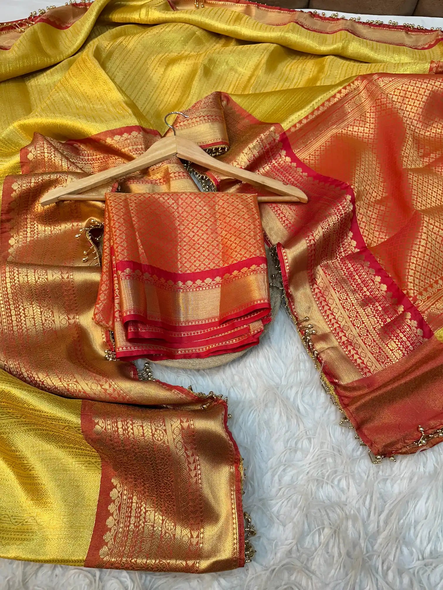 Bright Yellow Kanjivaram Tissue Silk Designer Saree with Premium Moti Lace Work