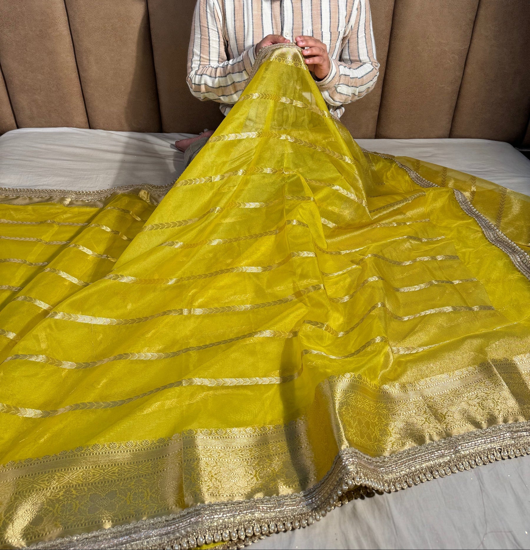 Bright Yellow Kora Organza Silk Designer Lace Work Banarasi Saree