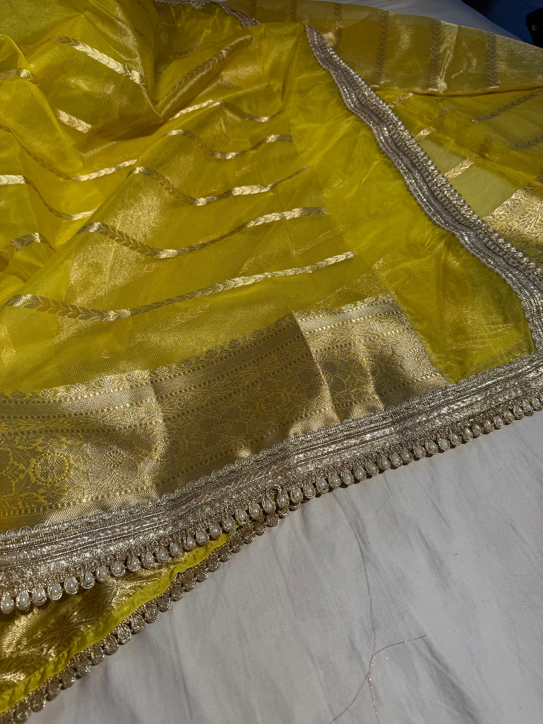 Bright Yellow Kora Organza Silk Designer Lace Work Banarasi Saree