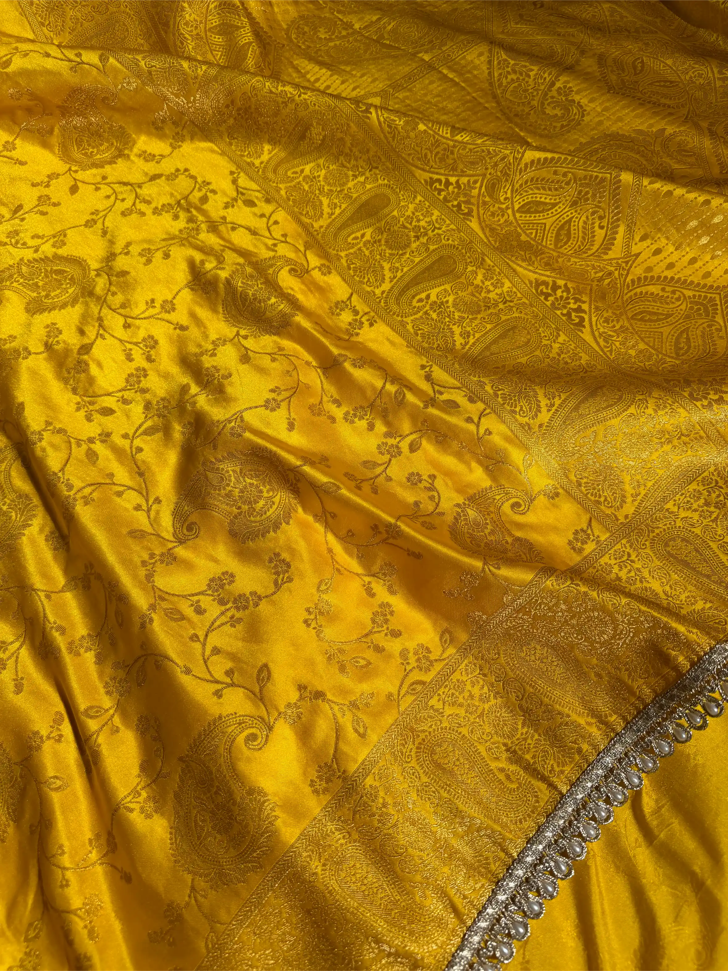 Bright Yellow Mashru Katan Designer Lace Work Banarasi Saree