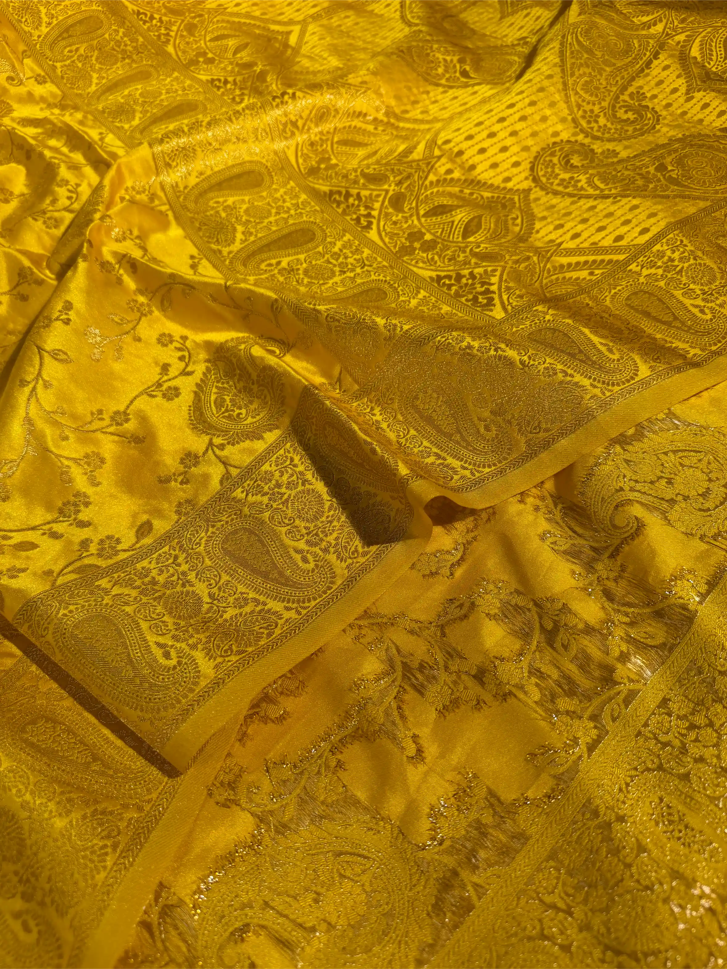 Bright Yellow Mashru Katan Silk Intricate Weave Saree