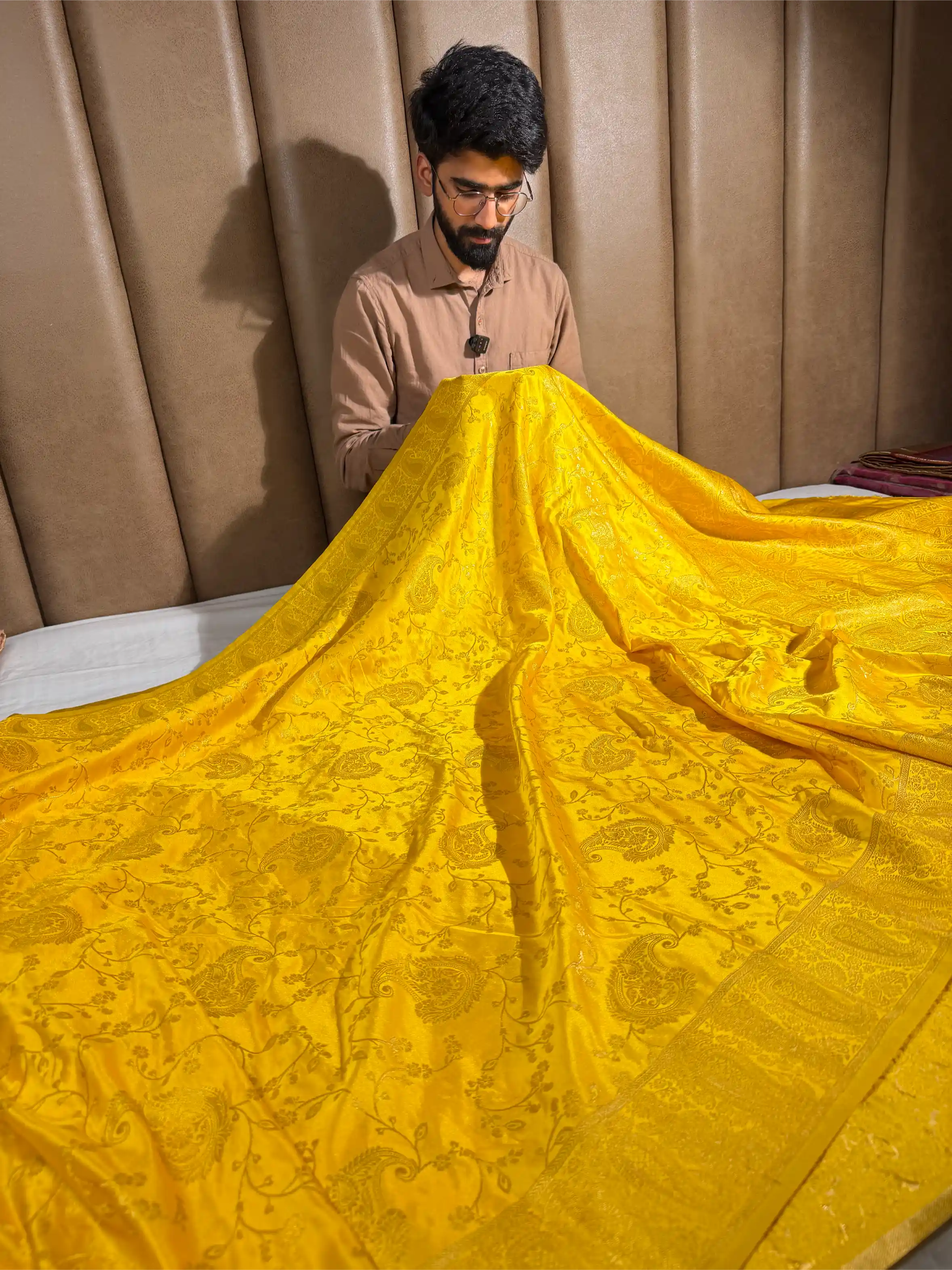 Bright Yellow Mashru Katan Silk Intricate Weave Saree