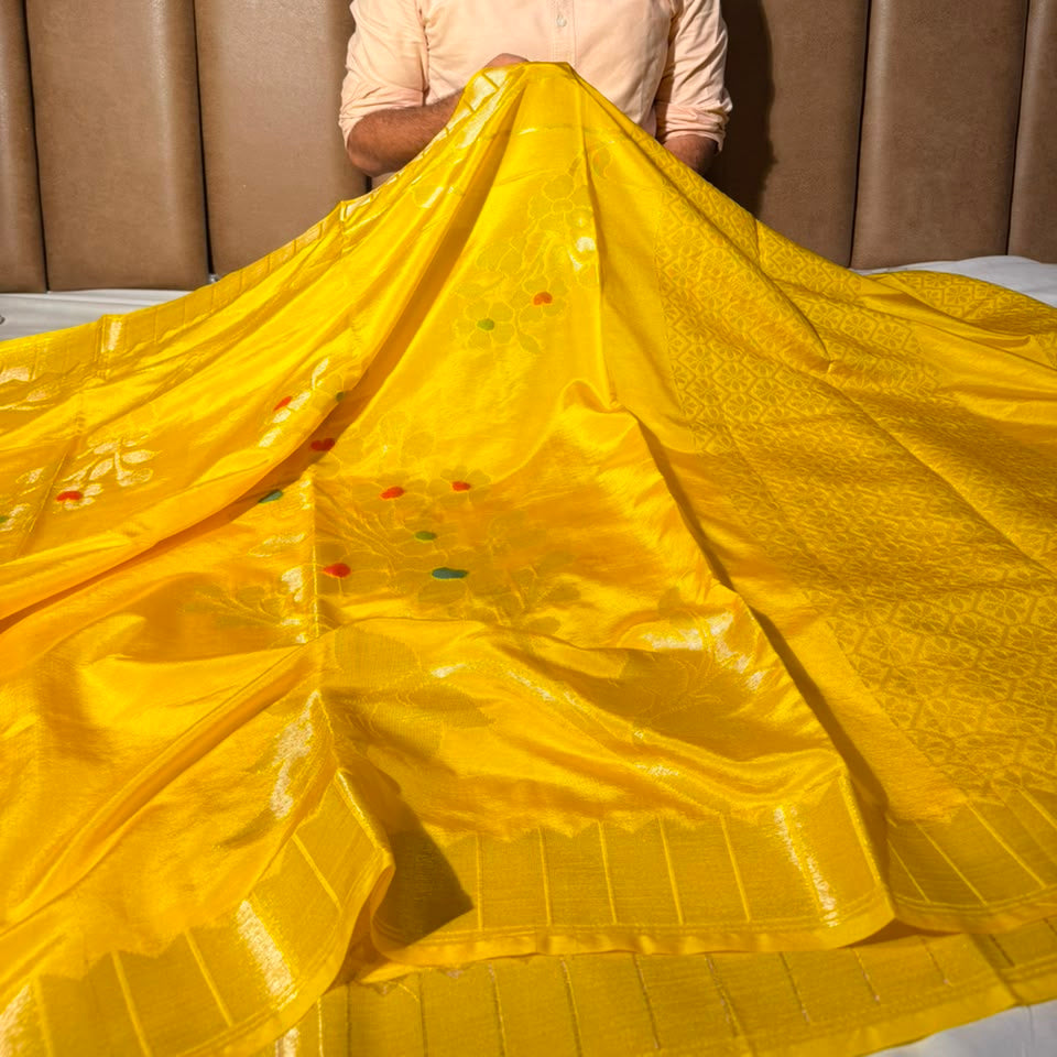 Bright Yellow Meenakari Chinia Silk Banarasi Saree