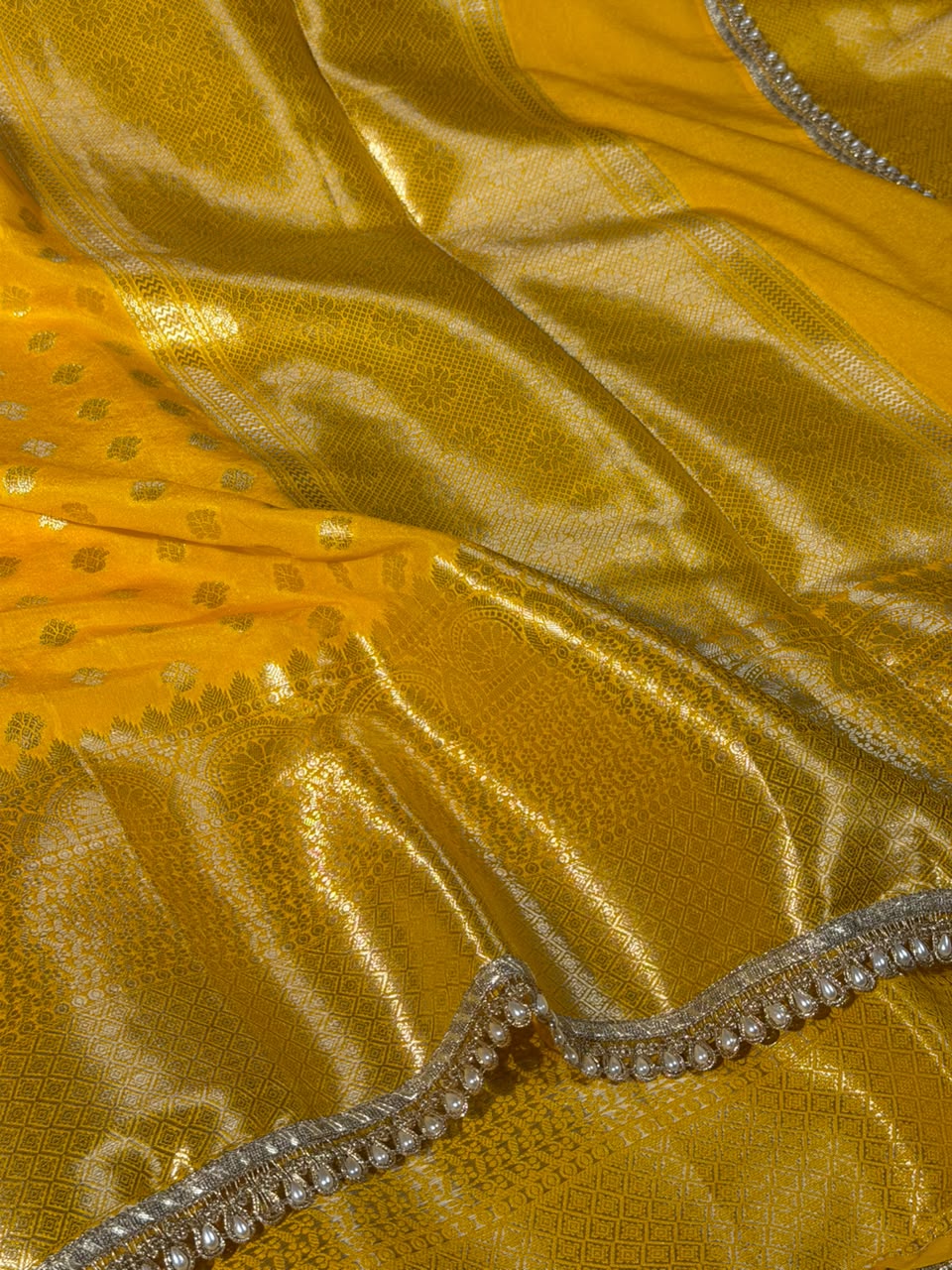 Bright Yellow Soft Chinia Silk Lace Work Saree