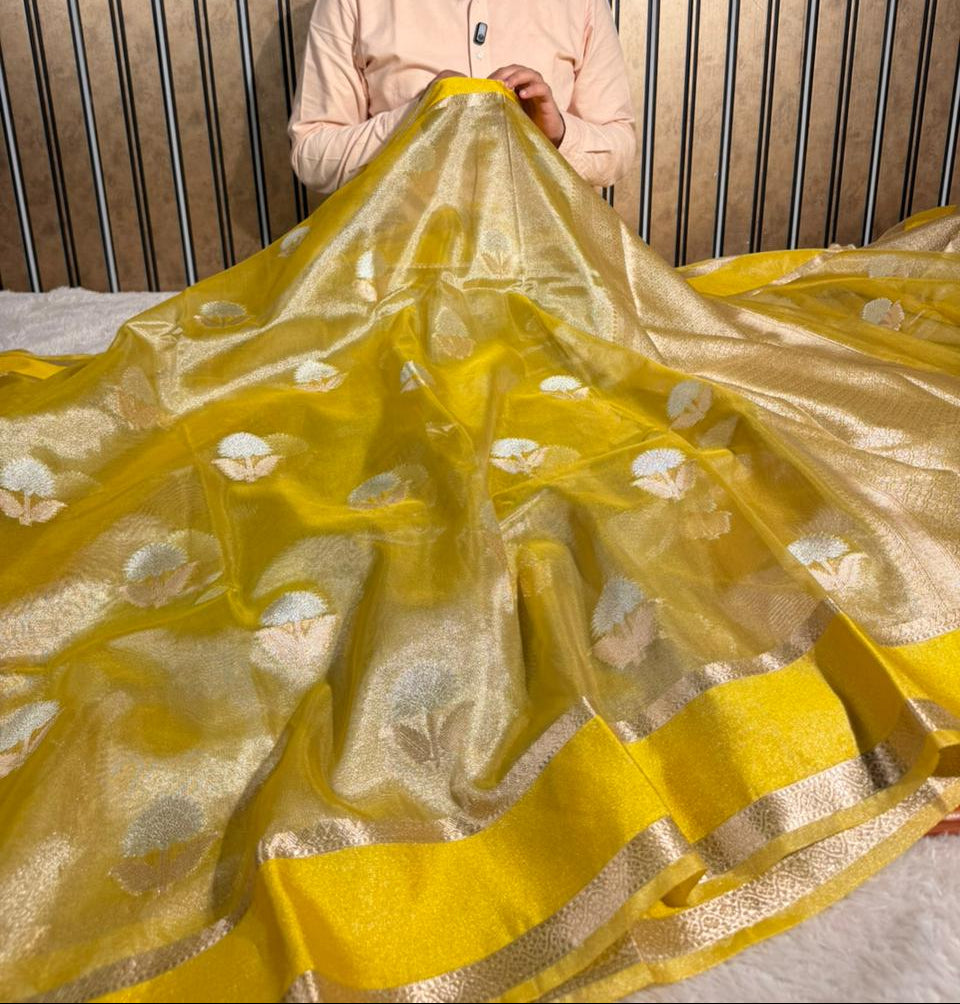 Bright Yellow Soft Tissue Silk Heritage Banarasi Saree