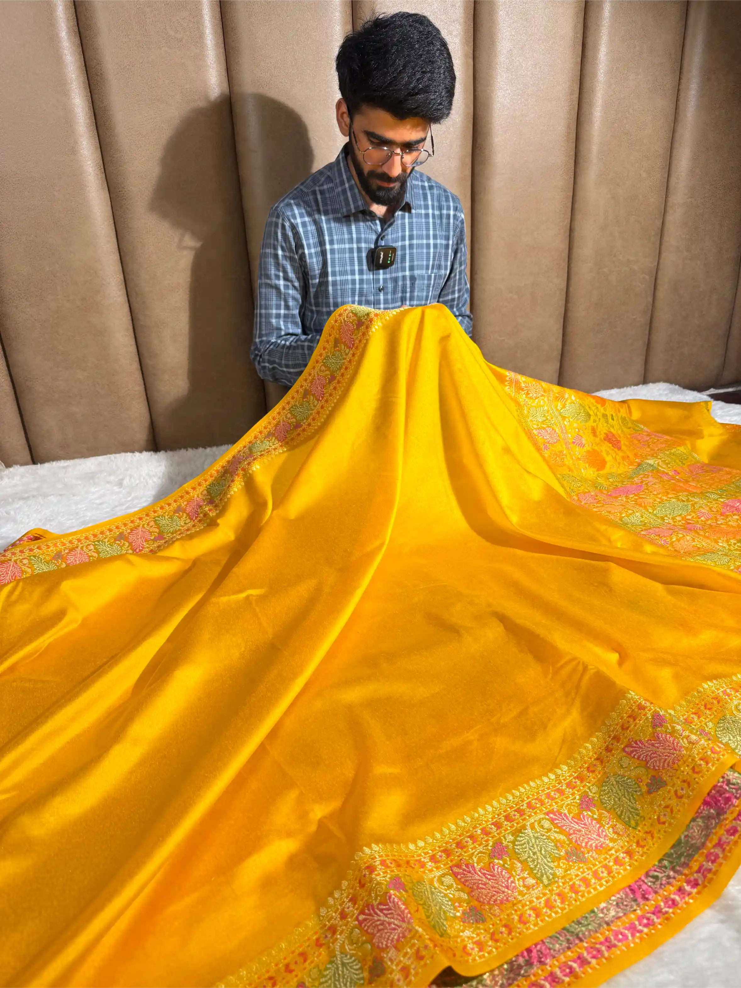 Bright Yellow Warm Silk Tilfi Meenakari Weave Banarasi Saree