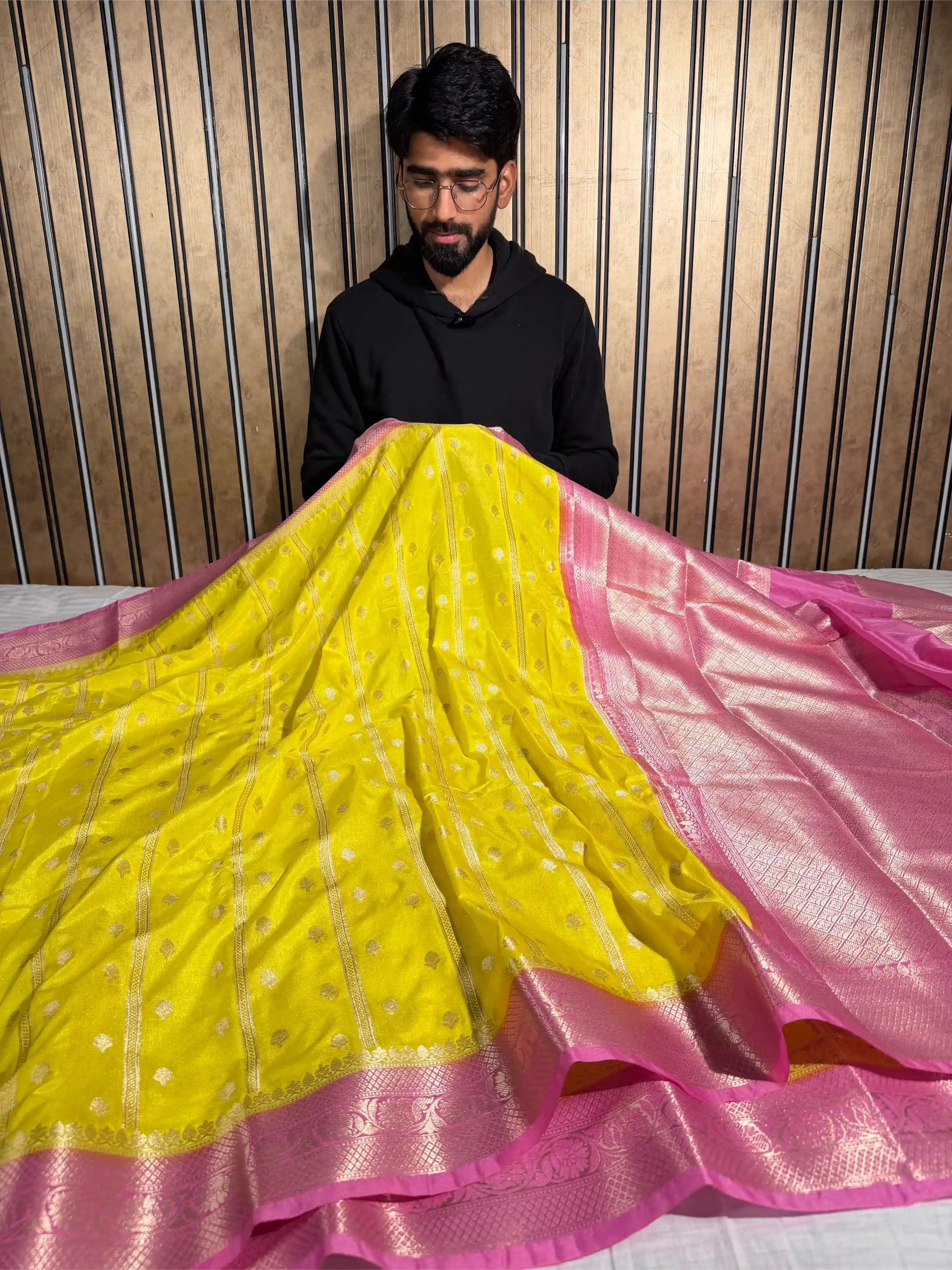 Bright Yellow with Contrast Rani Borders Chinia Silk Banarasi Saree