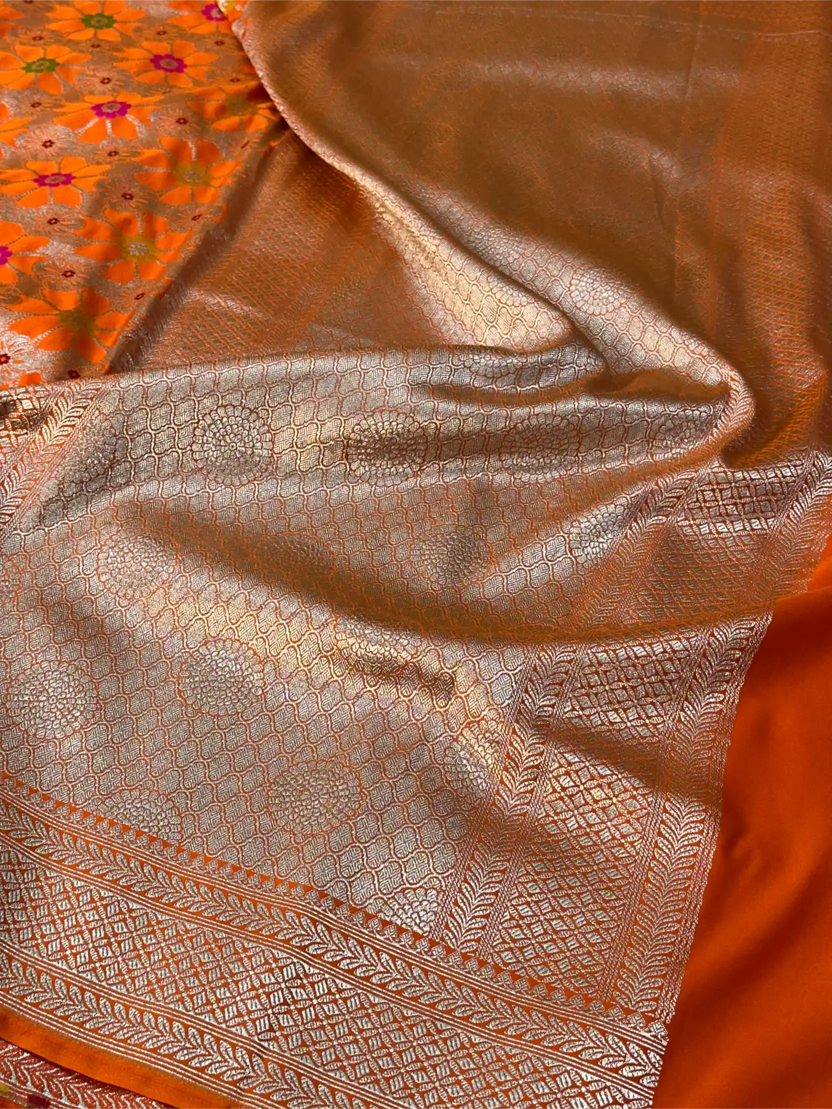 Bright Orange Mashru Katan Silk Meenakari Weave Banarasi Saree
