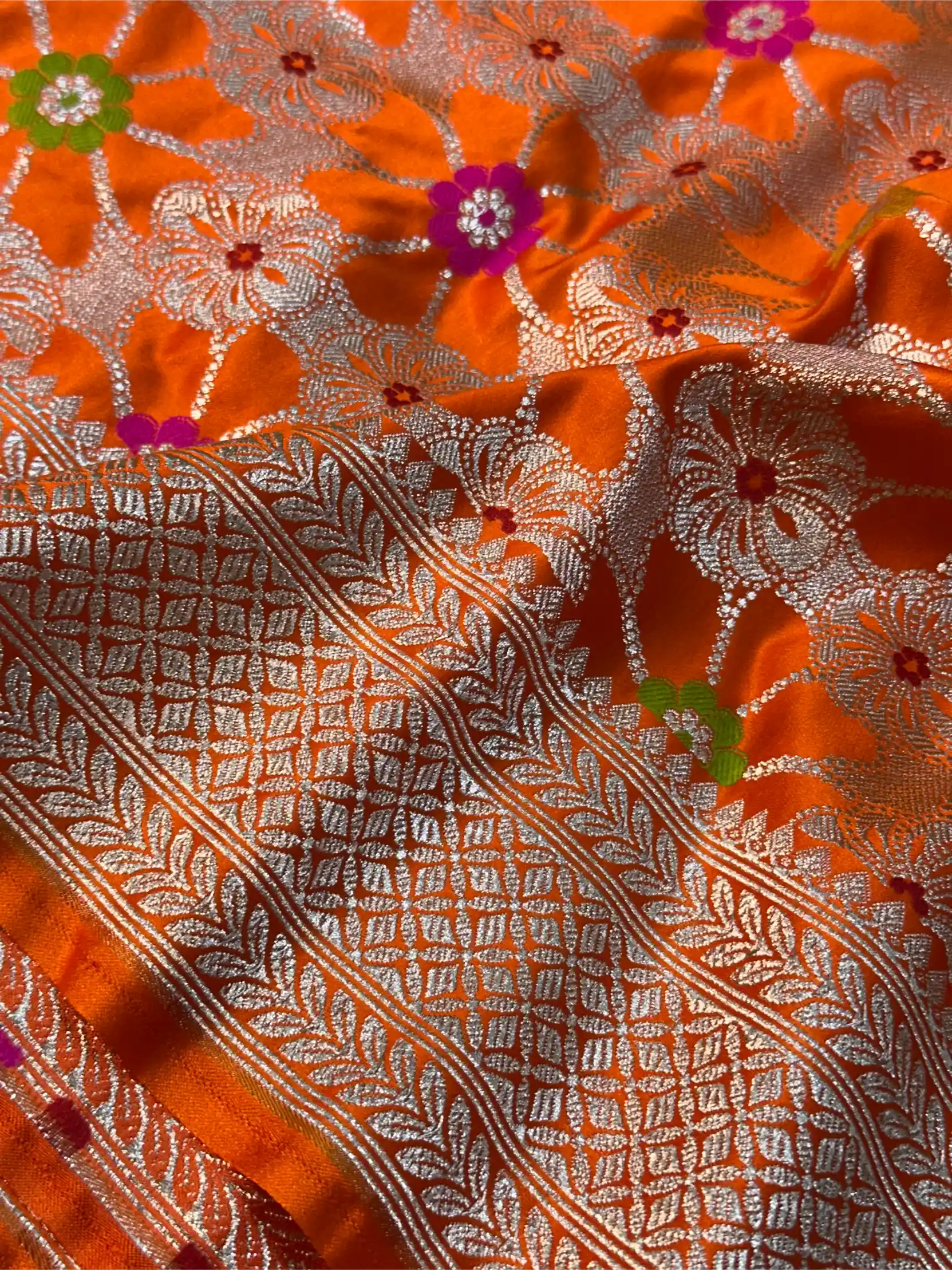 Bright Orange Mashru Katan Silk Meenakari Weave Banarasi Saree