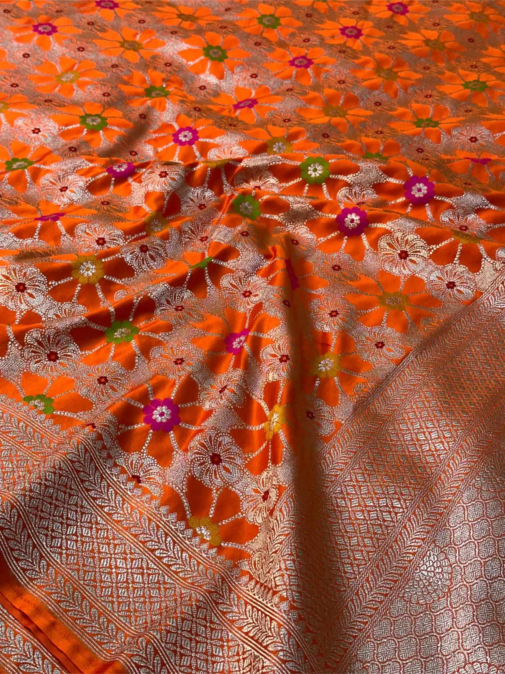 Bright Orange Mashru Katan Silk Meenakari Weave Banarasi Saree