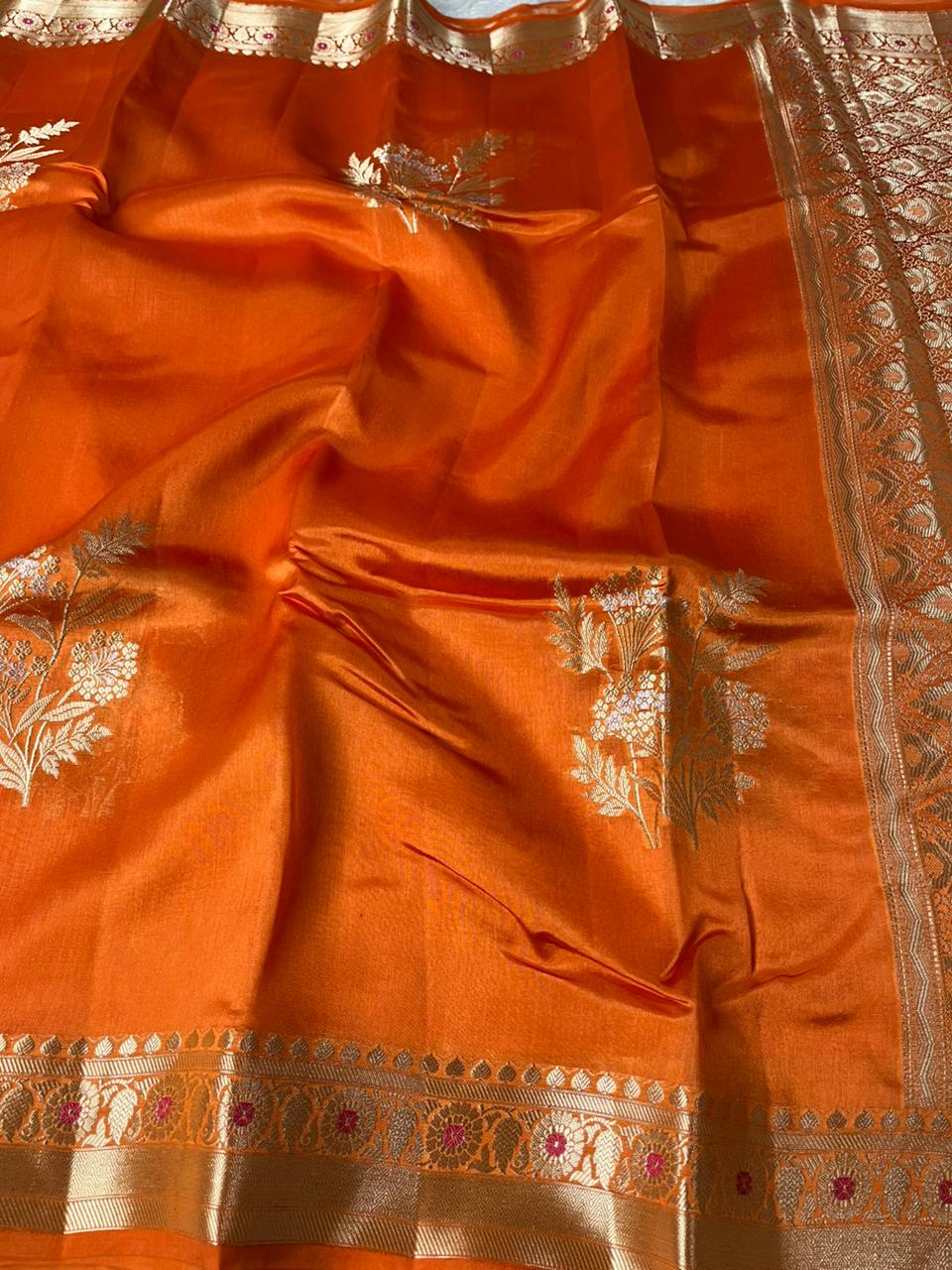 Bright Orange Pure Mango Silk Banarasi Saree