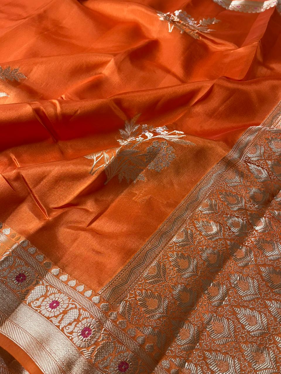 Bright Orange Pure Mango Silk Banarasi Saree