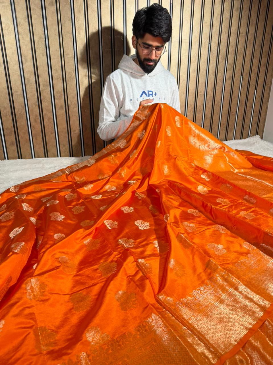 Bright Orange Viscose Chinia Silk Traditional Weave Banarasi Saree