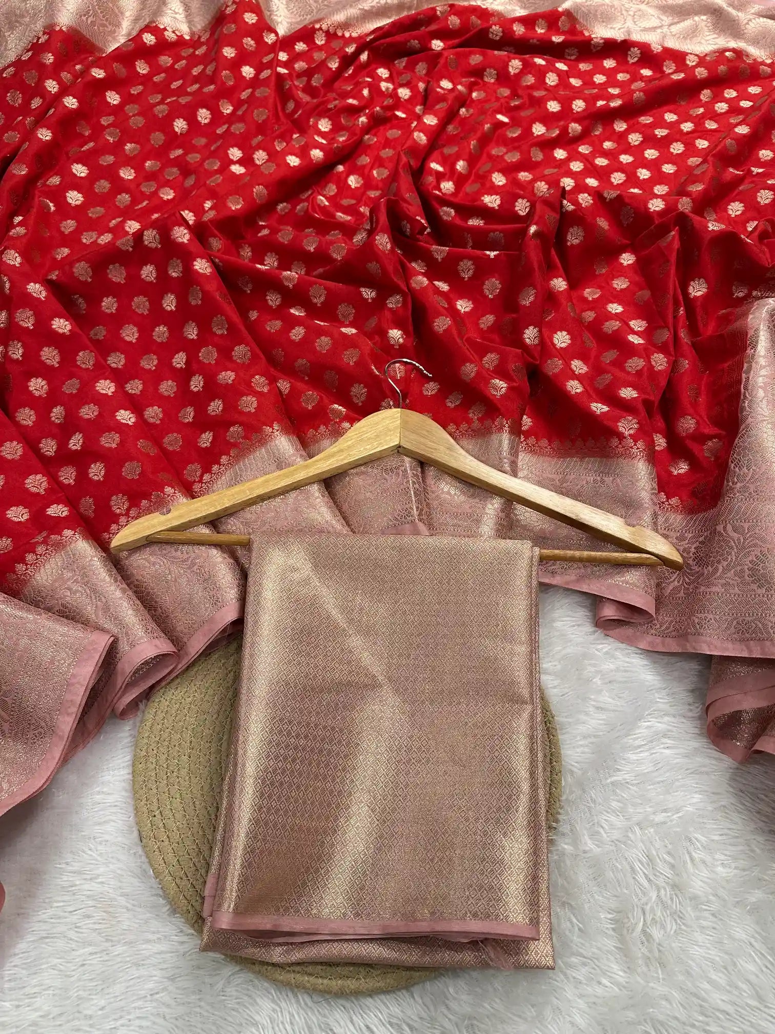 Bright Red Khaddi Buti Chinia Silk Banarasi Saree