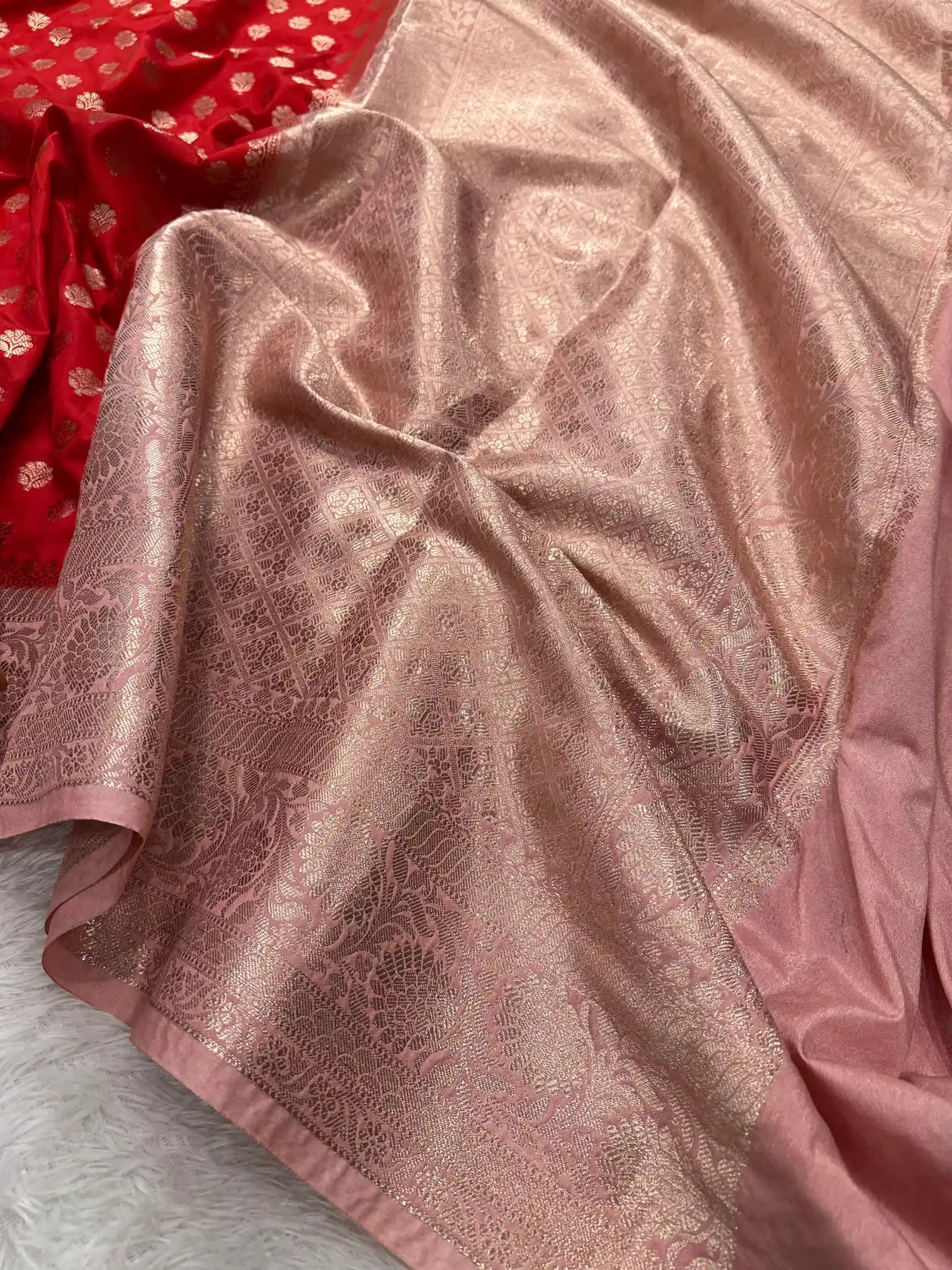 Bright Red Khaddi Buti Chinia Silk Banarasi Saree