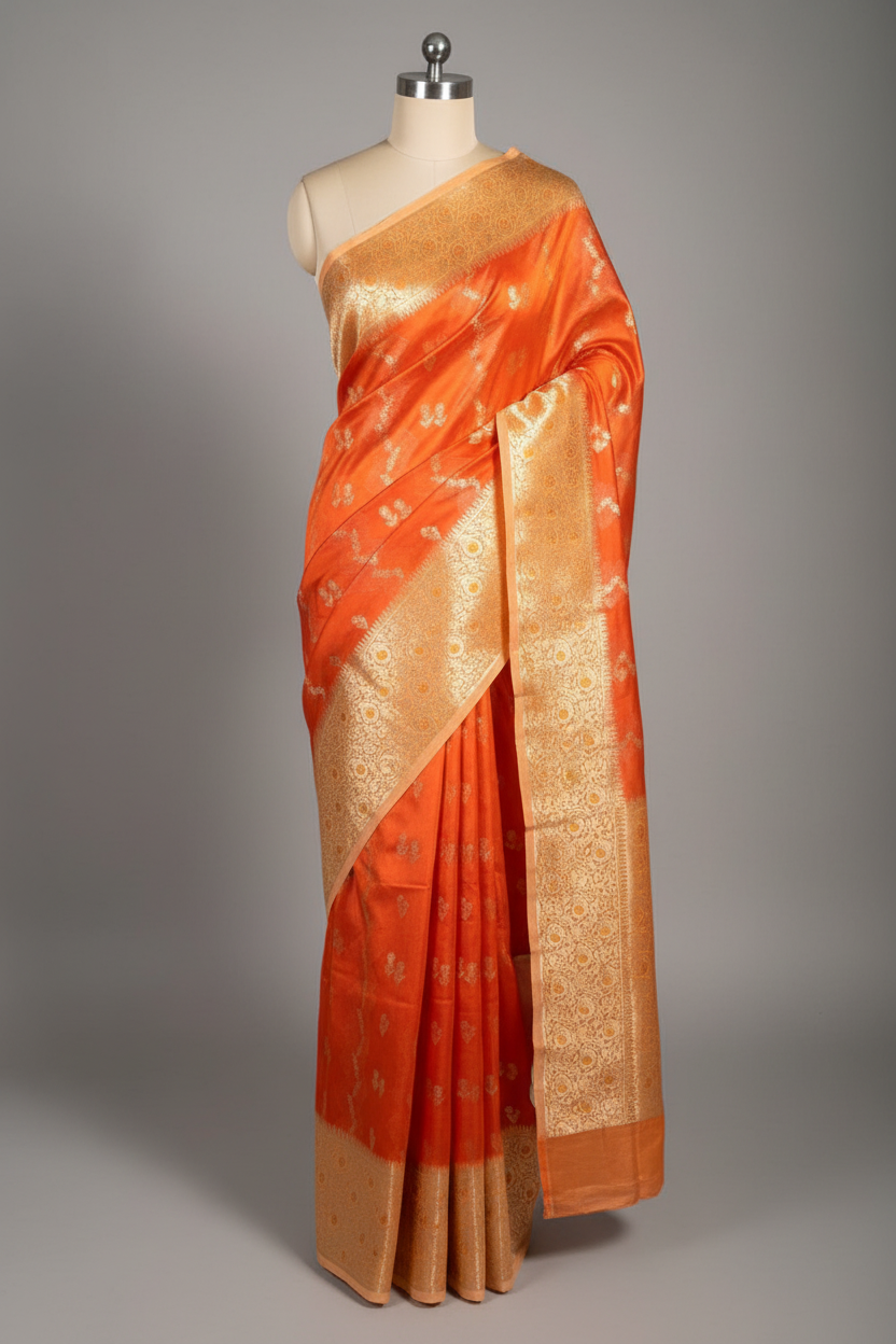 Bright orange intricate weave raw dupion silk saree