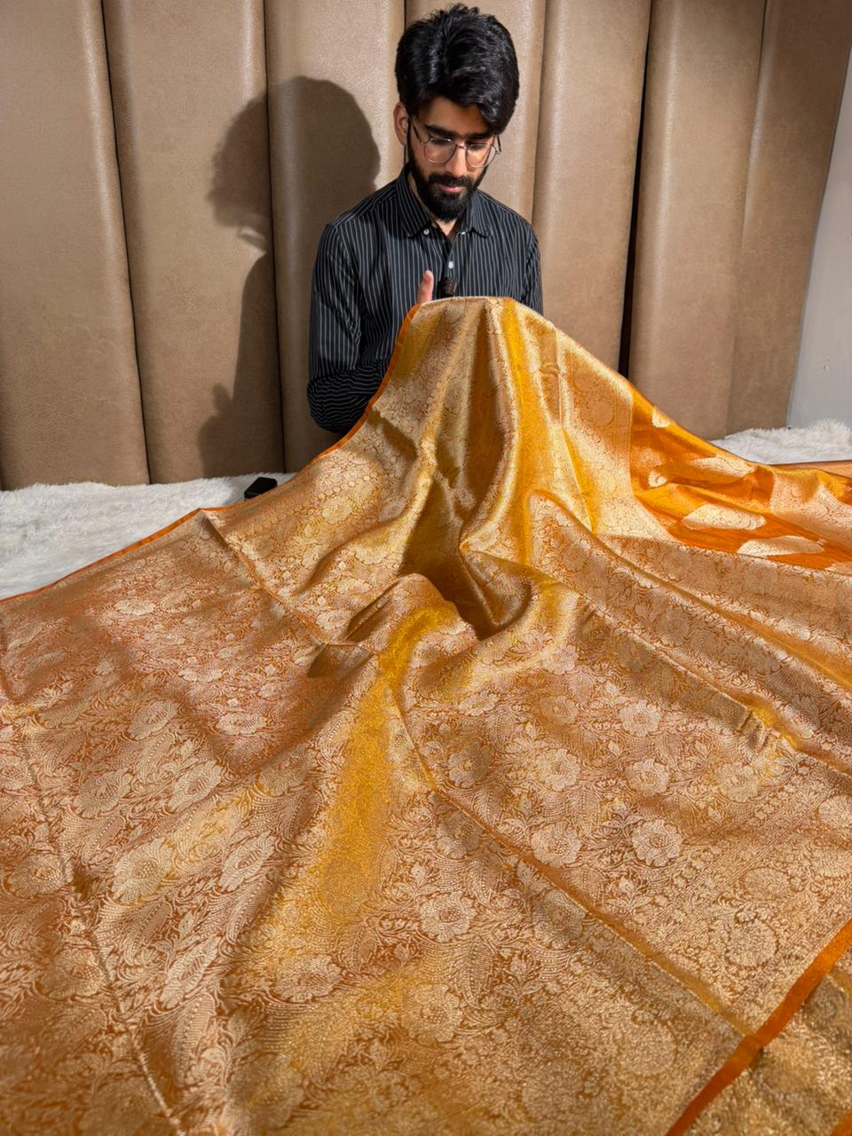 Bright orange pink brocade tissue silk Banarasi Saree