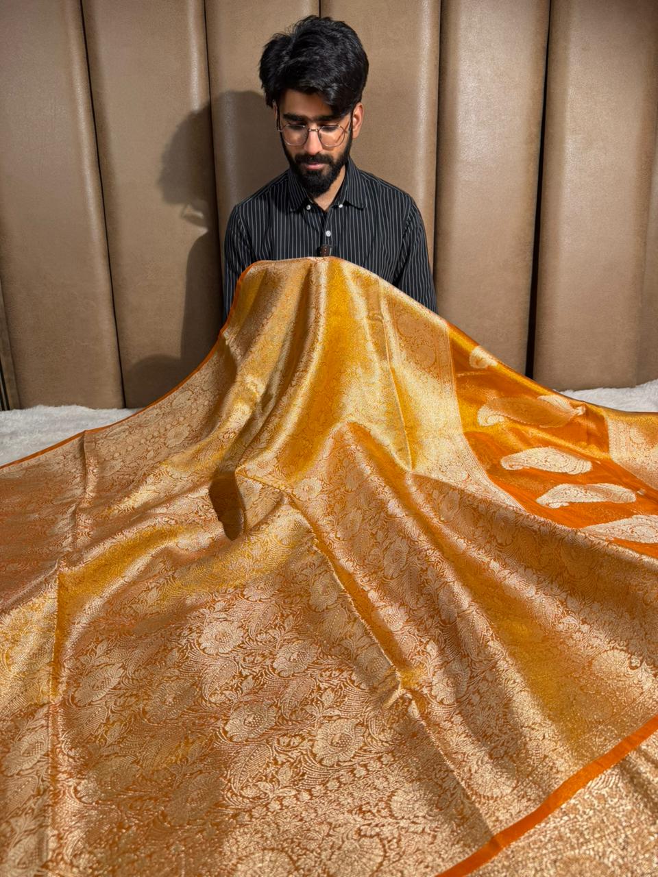 Bright orange pink brocade tissue silk Banarasi Saree