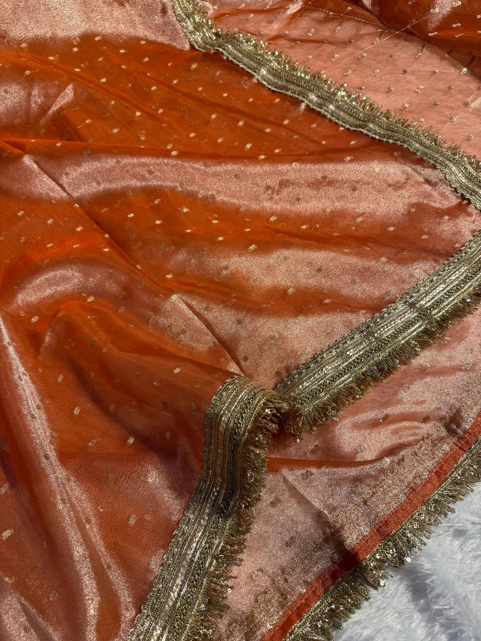 Bright orange soft tissue silk designer Banarasi saree