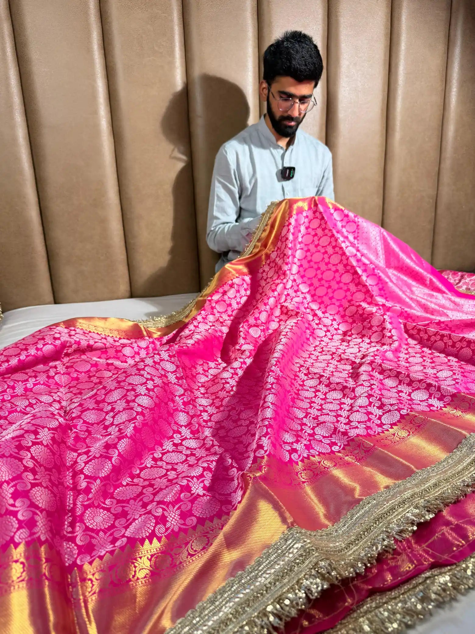 Bright pink Kanchipuram Softsilk designer saree