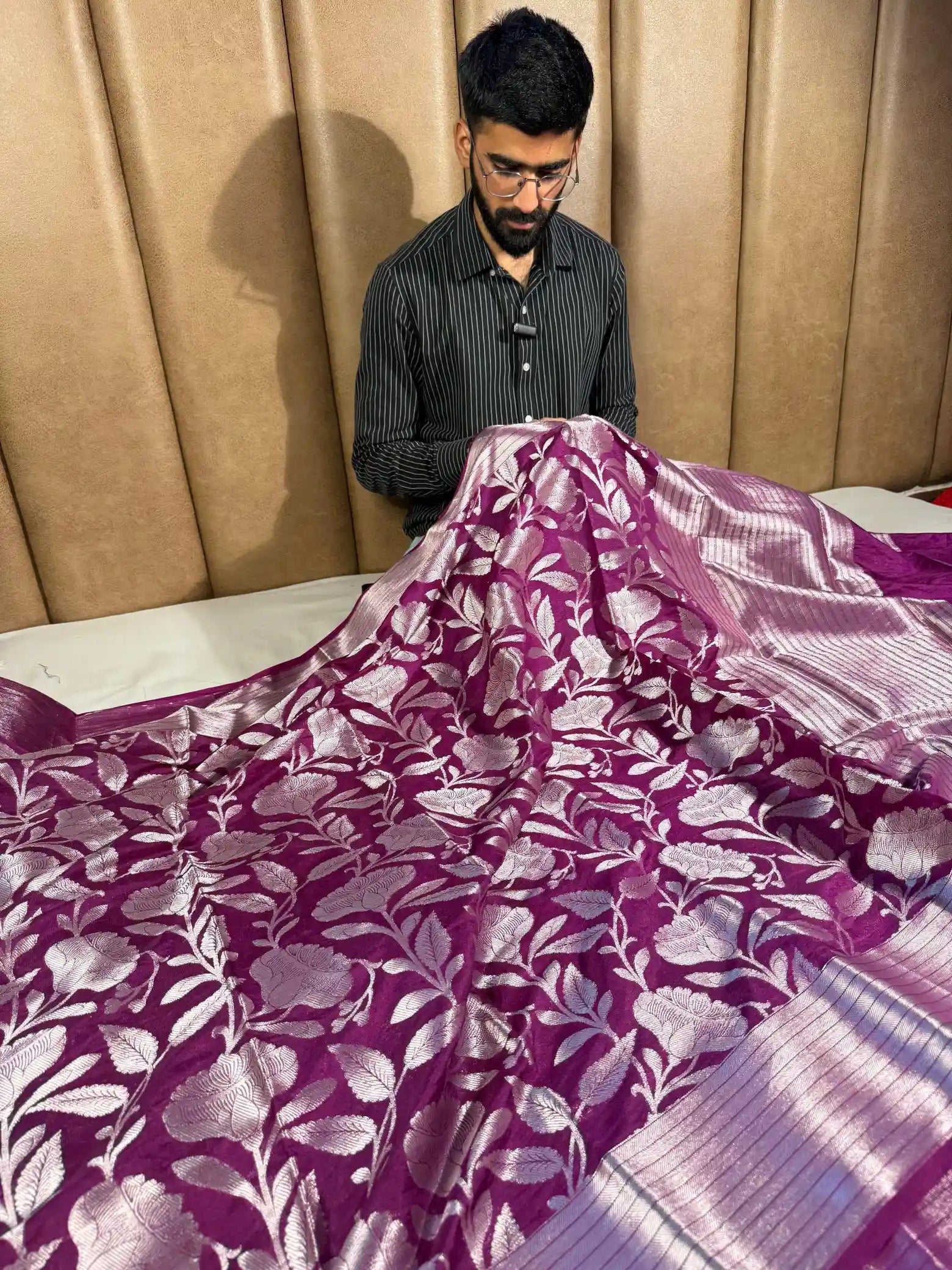 Bright purple semi Katan traditional Banarasi saree