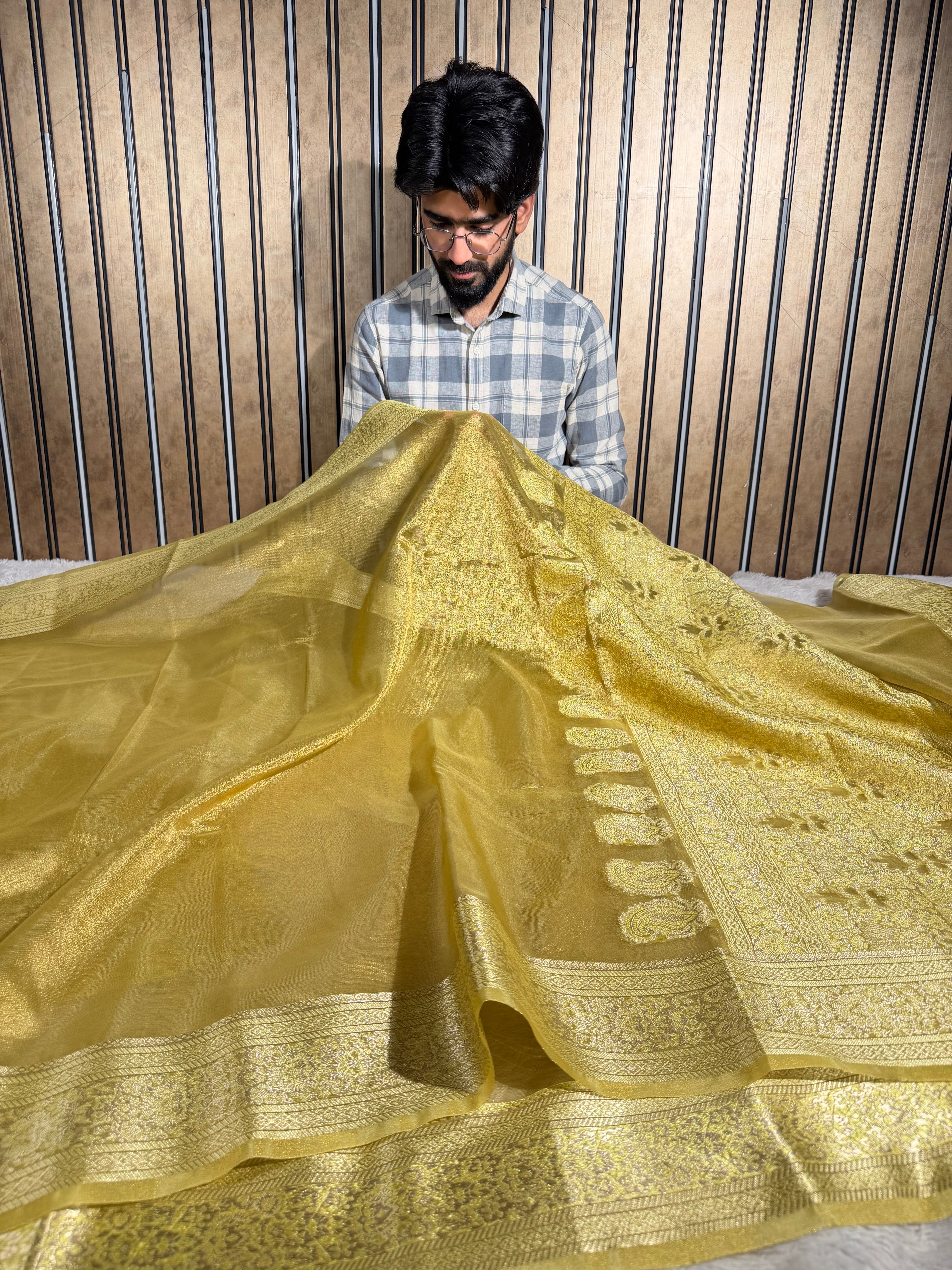 Dhoop Chaon Mustard Gold Soft Tissue Silk Banarasi Saree