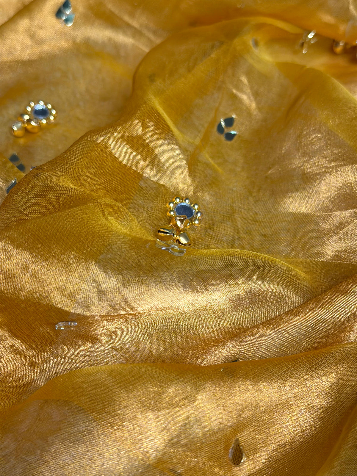 Bright Yellow Pure Tissue Ghungroo Mirror Work Saree
