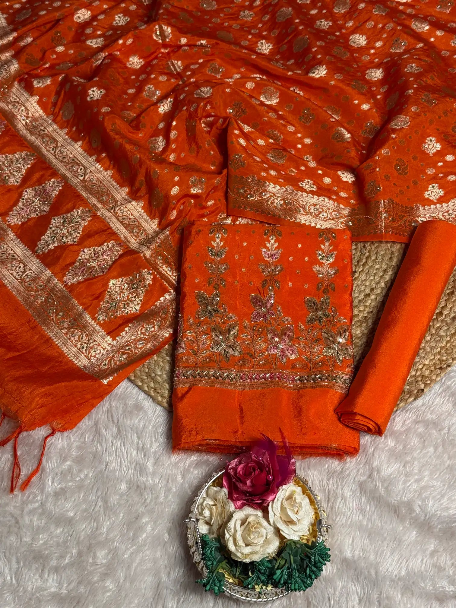 Orange Chinia silk premium handwork Banarasi suit