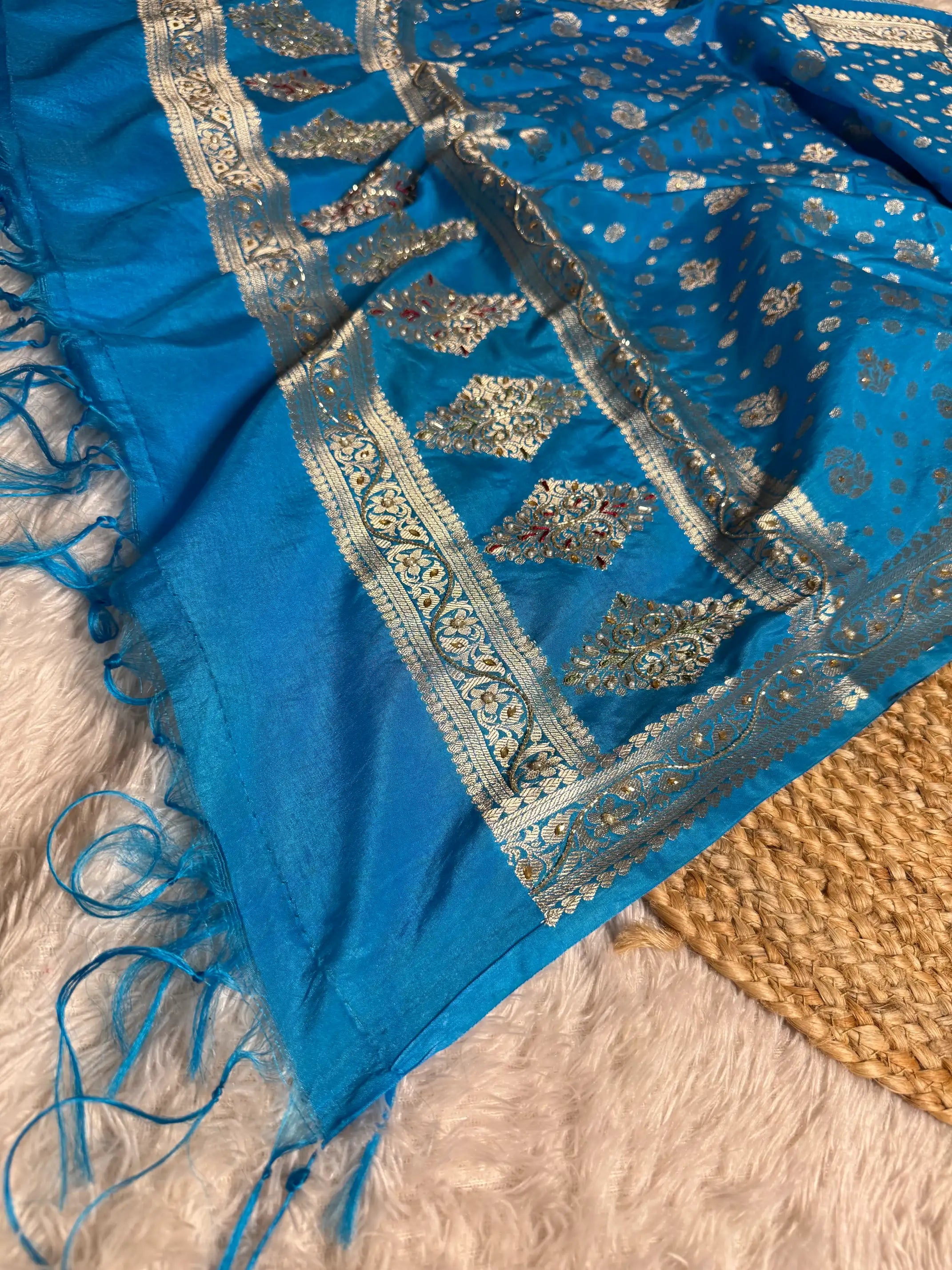Blue Shade Jacquard Weave Premium Handwork Banarasi Suit