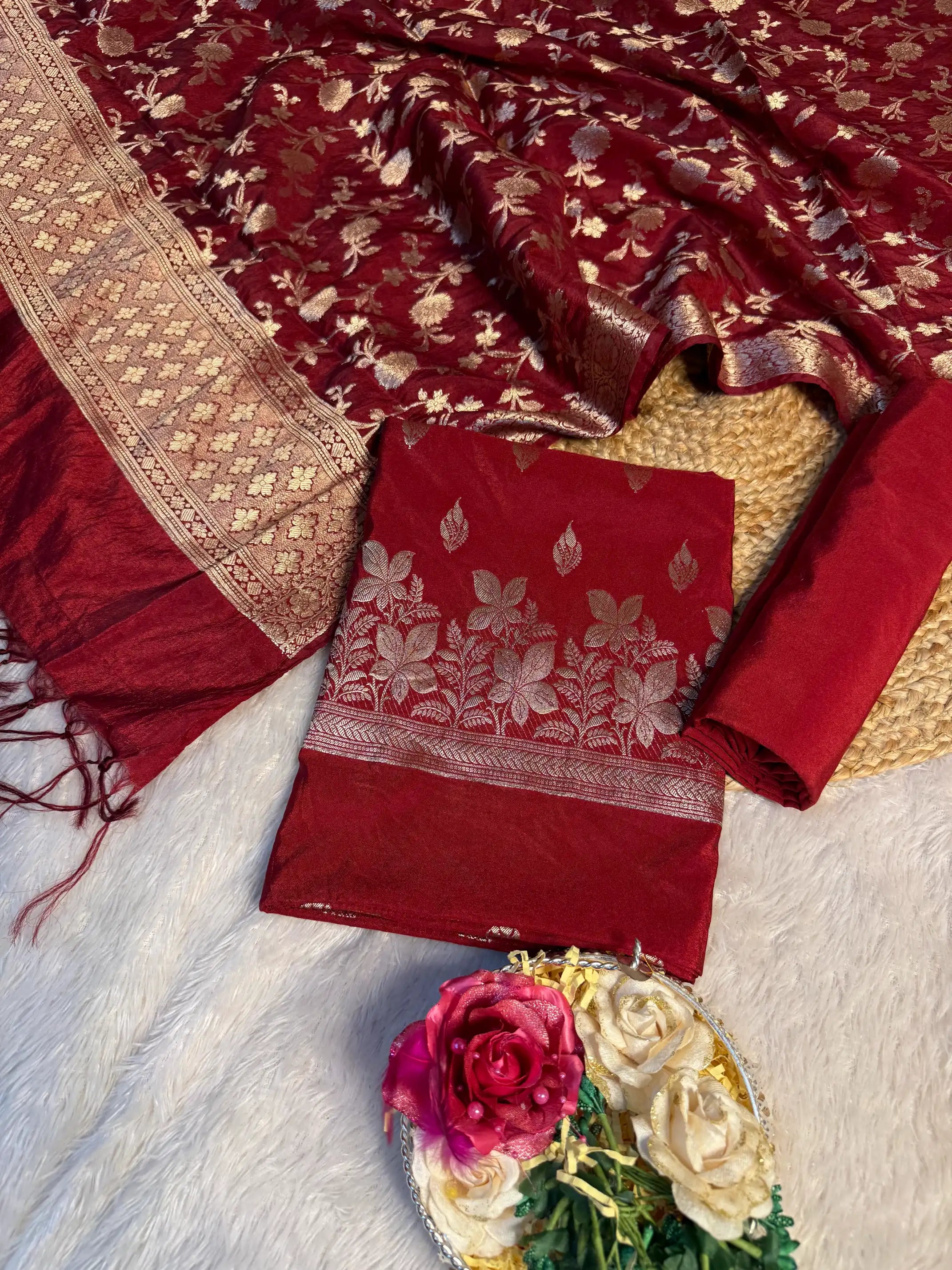 Maroon 3 pcs Chinia Banarasi suit set