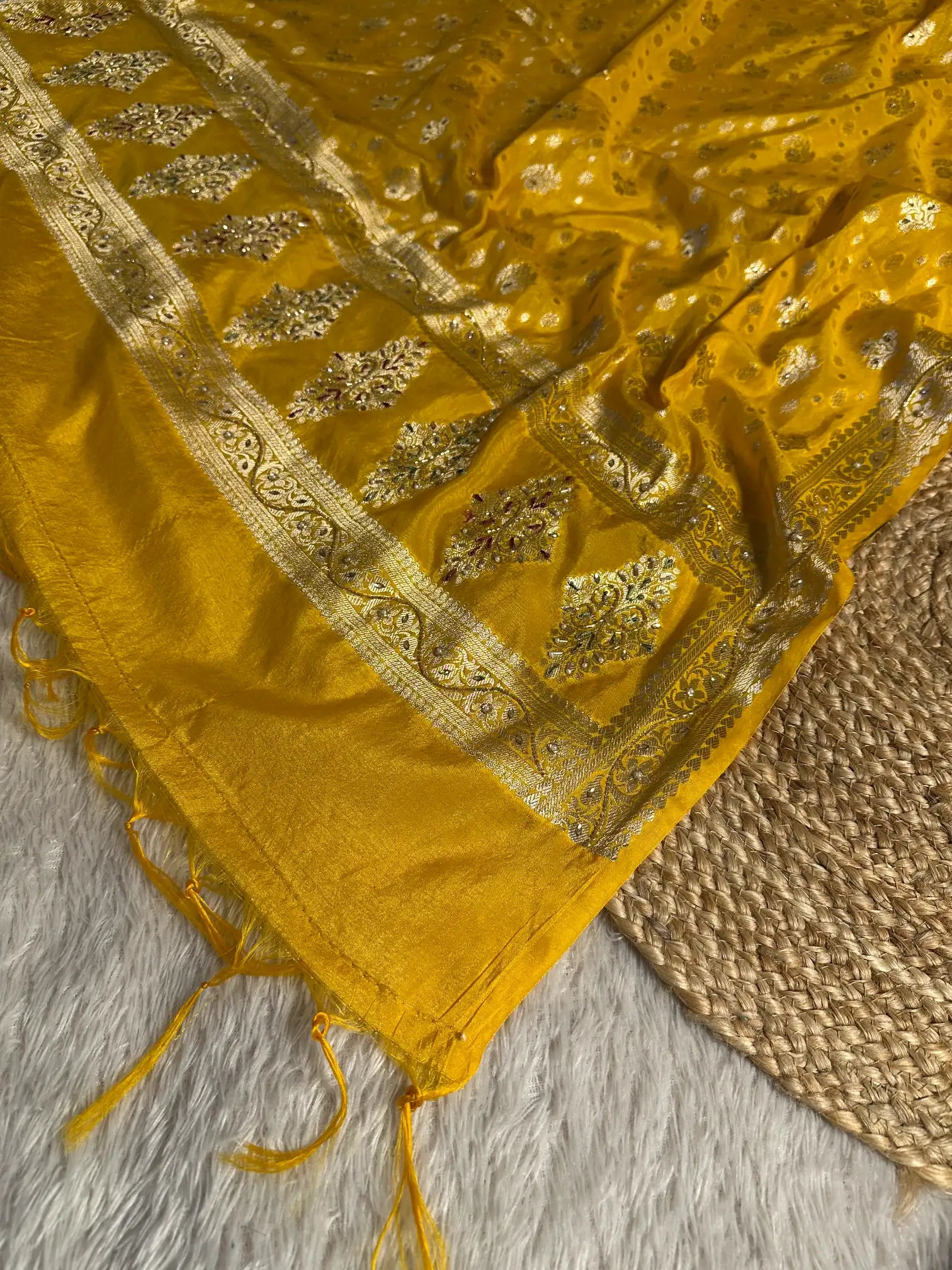 Bright Yellow Chinia Silk Premium Handwork Banarasi Suit