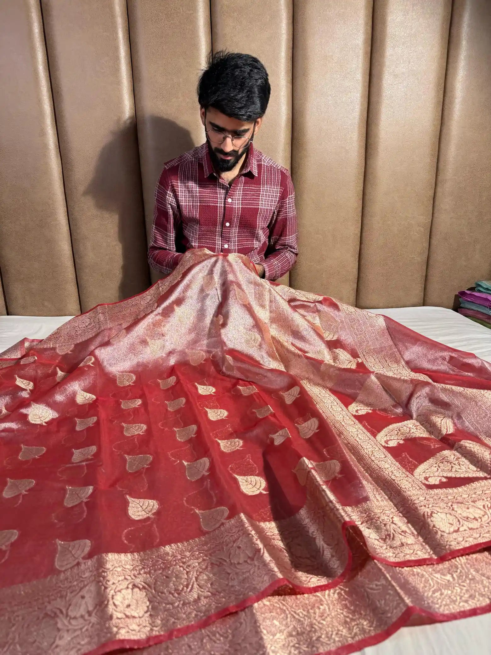 Cardinal Red Glass Tissue Silk Banarasi Saree