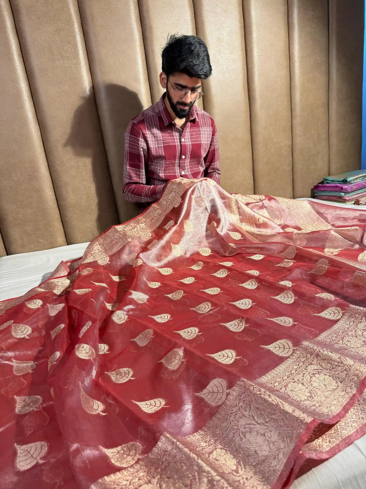 Cardinal Red Glass Tissue Silk Banarasi Saree