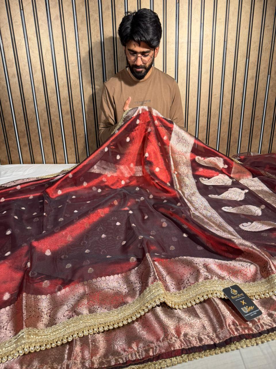 Carmine Maroon Kora Tissue Designer Banarasi Saree