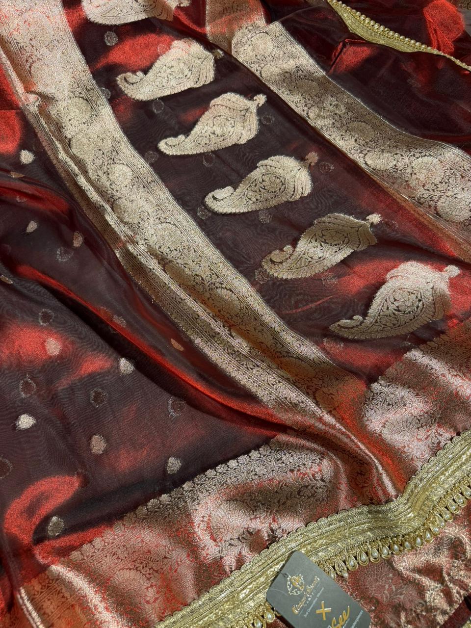 Carmine Maroon Kora Tissue Designer Banarasi Saree