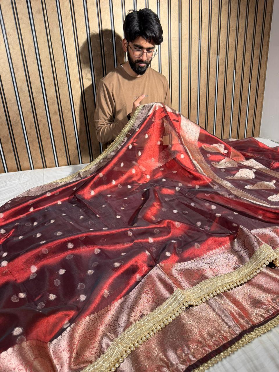 Carmine Maroon Kora Tissue Designer Banarasi Saree