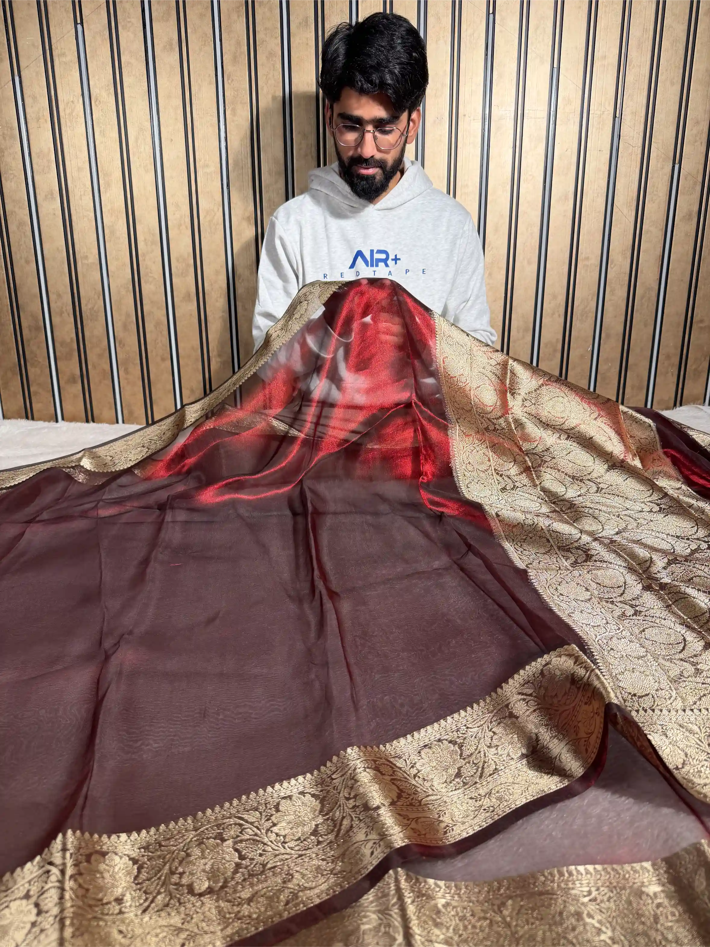 Carmine Maroon Pure Tissue Silk Banarasi Saree