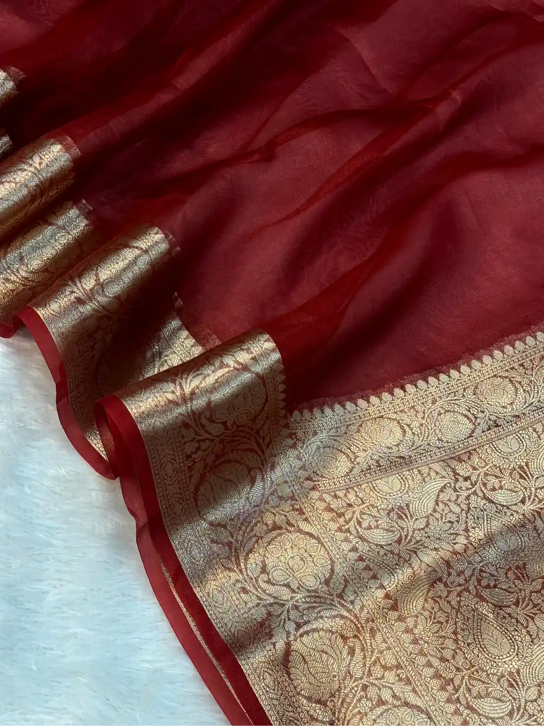 Carmine Red 100% Pure Tissue Silk Border Banarasi Saree