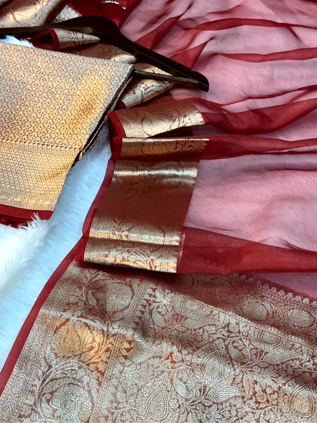 Carmine Red 100% Pure Tissue Silk Border Banarasi Saree