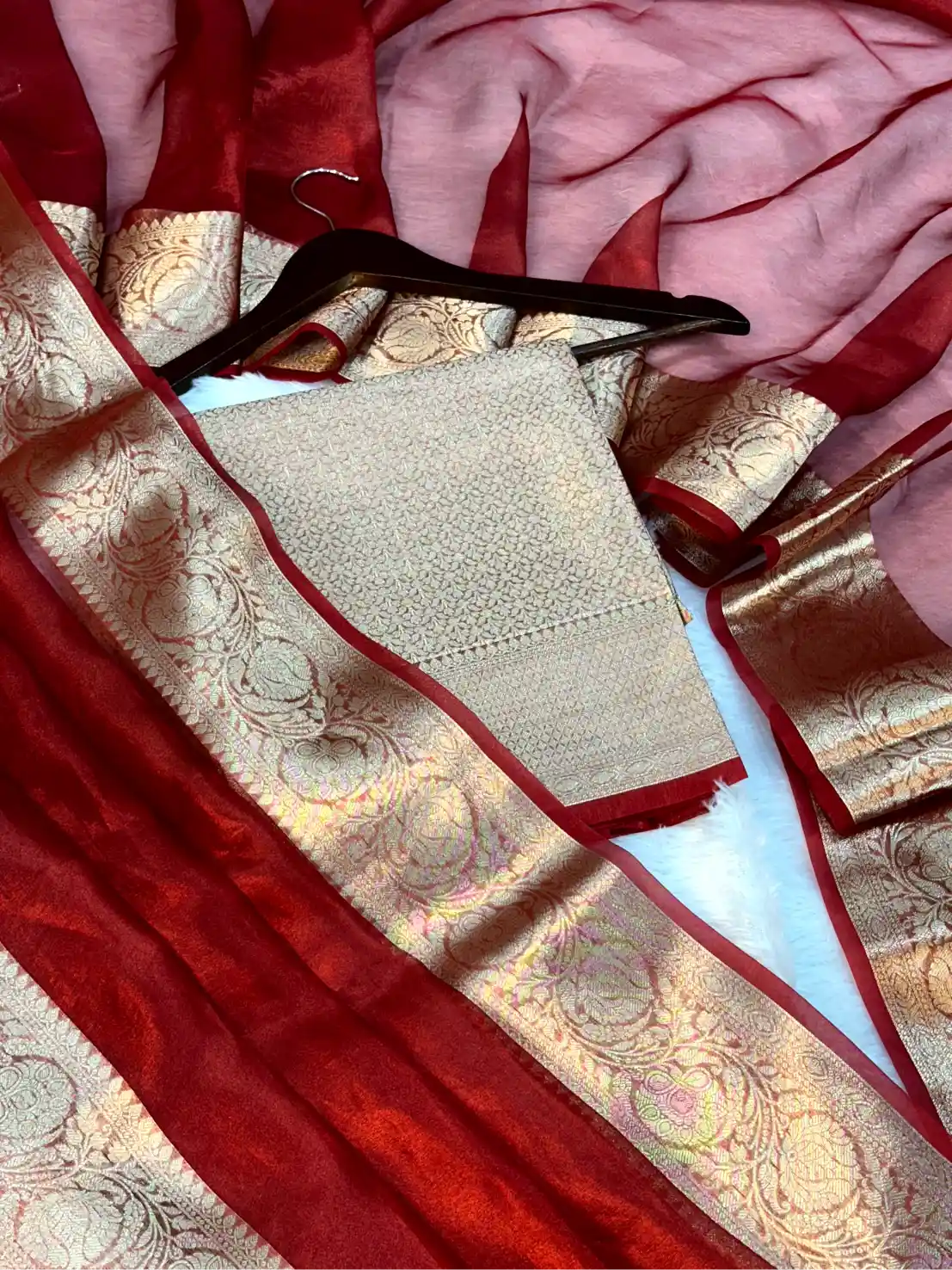 Carmine Red 100% Pure Tissue Silk Border Banarasi Saree