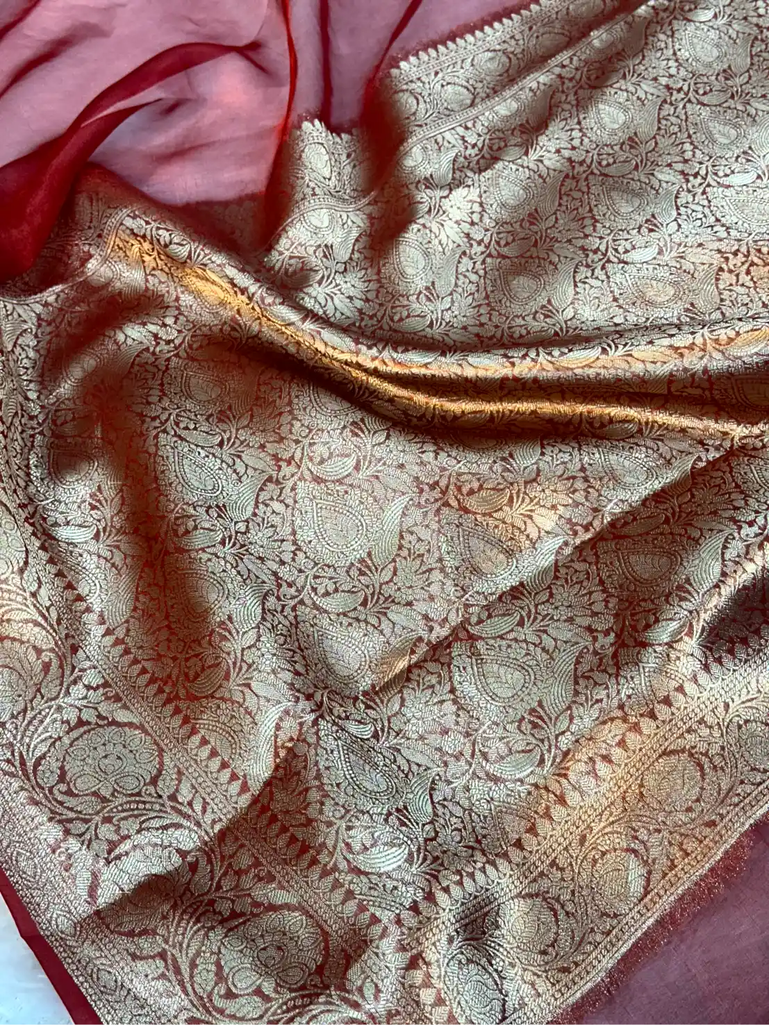 Carmine Red 100% Pure Tissue Silk Border Banarasi Saree