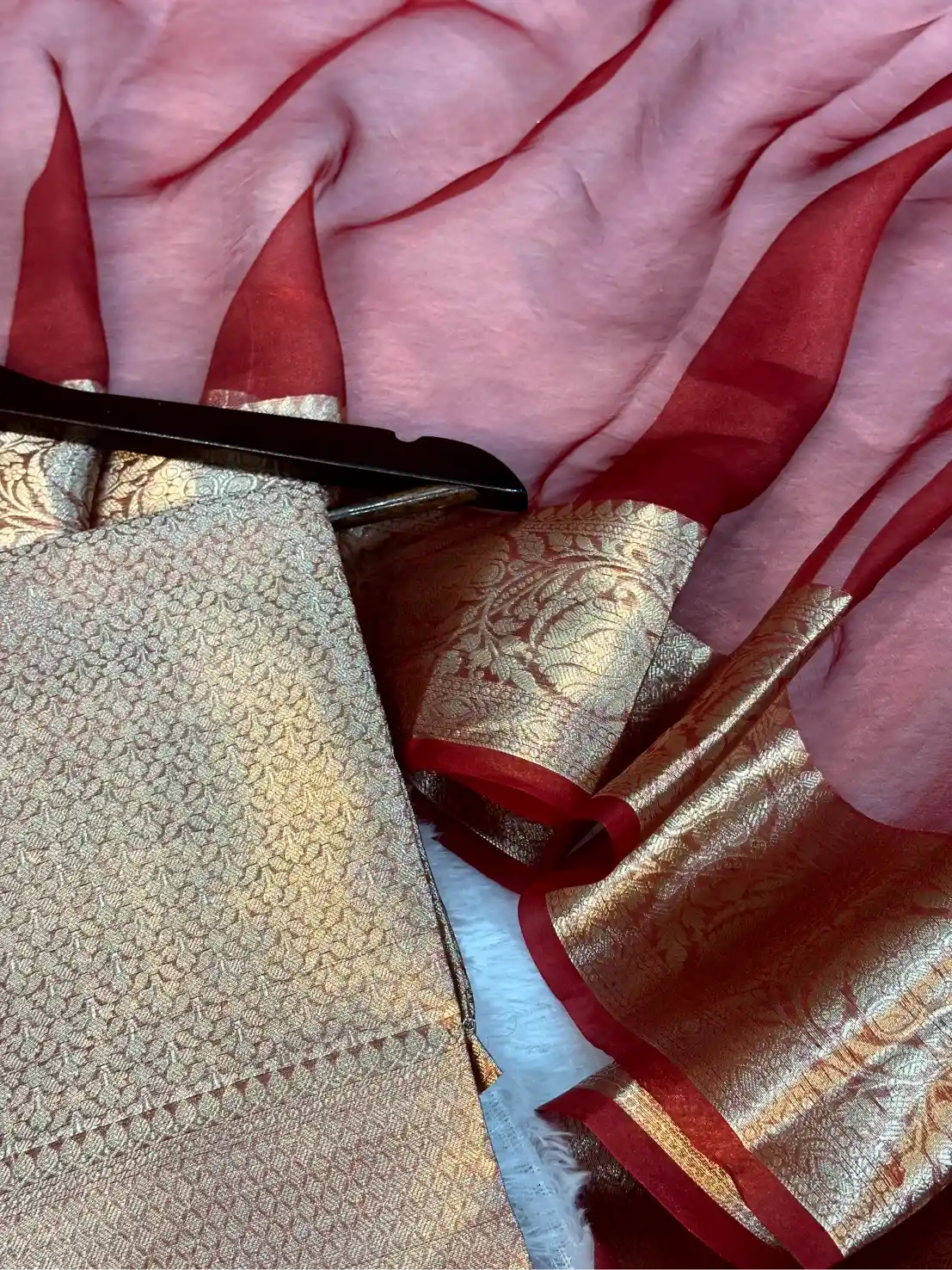 Carmine Red 100% Pure Tissue Silk Border Banarasi Saree