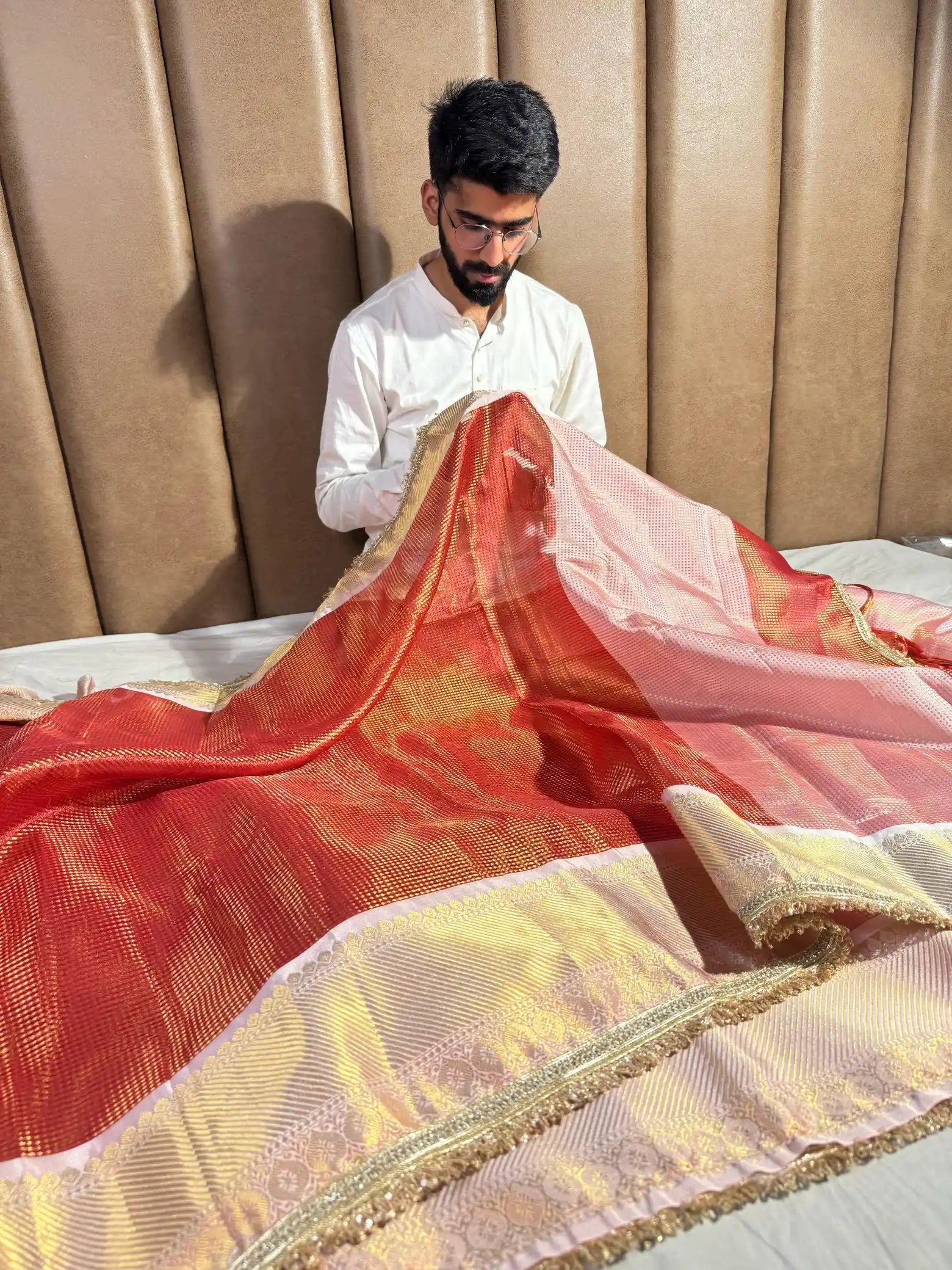 Carmine Red Brocade Tissue Silk Banarasi Saree with Premium Lace Attached